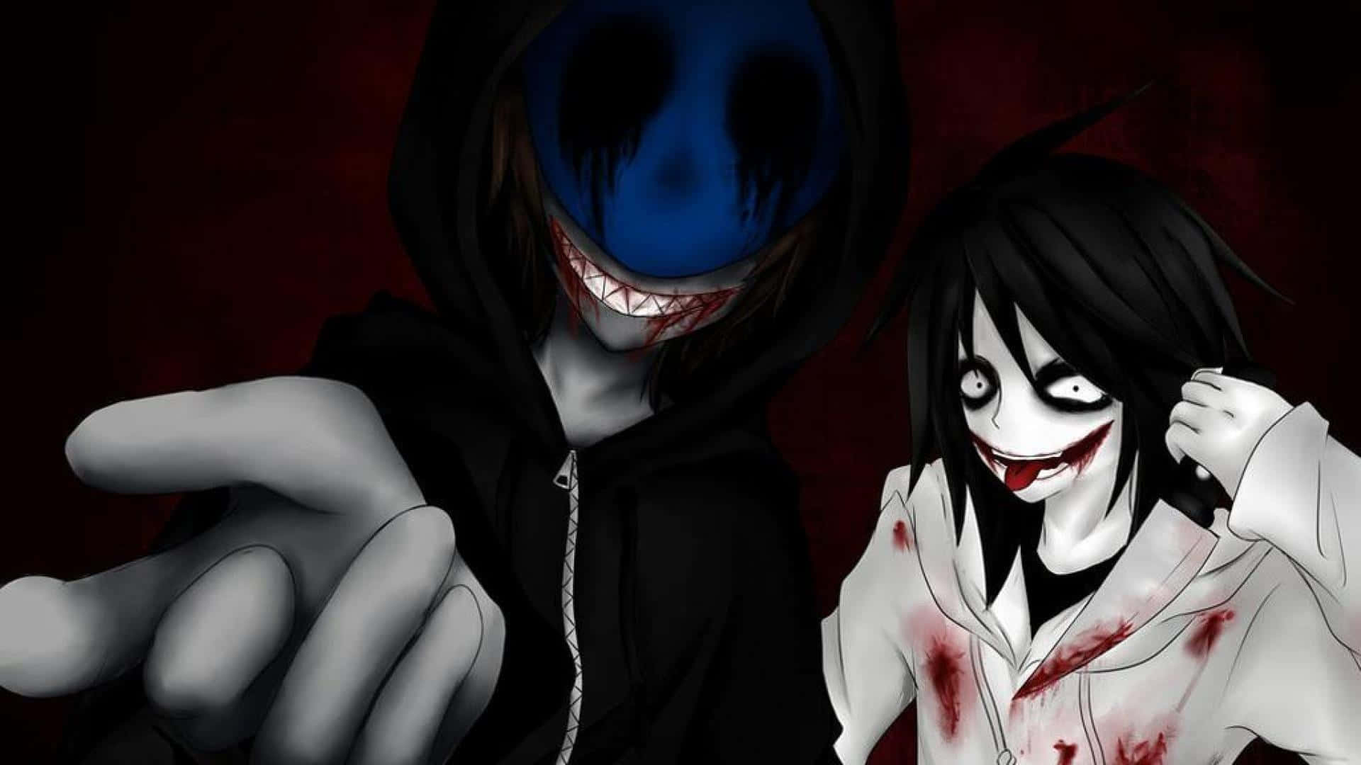 Creepypasta 桌布 壁紙 — 兩個動漫角色帶著令人不安的笑容，一個穿著黑色連帽衫，臉是藍色的，另一個穿著沾滿血跡的白襯衫，背景是深紅色。
