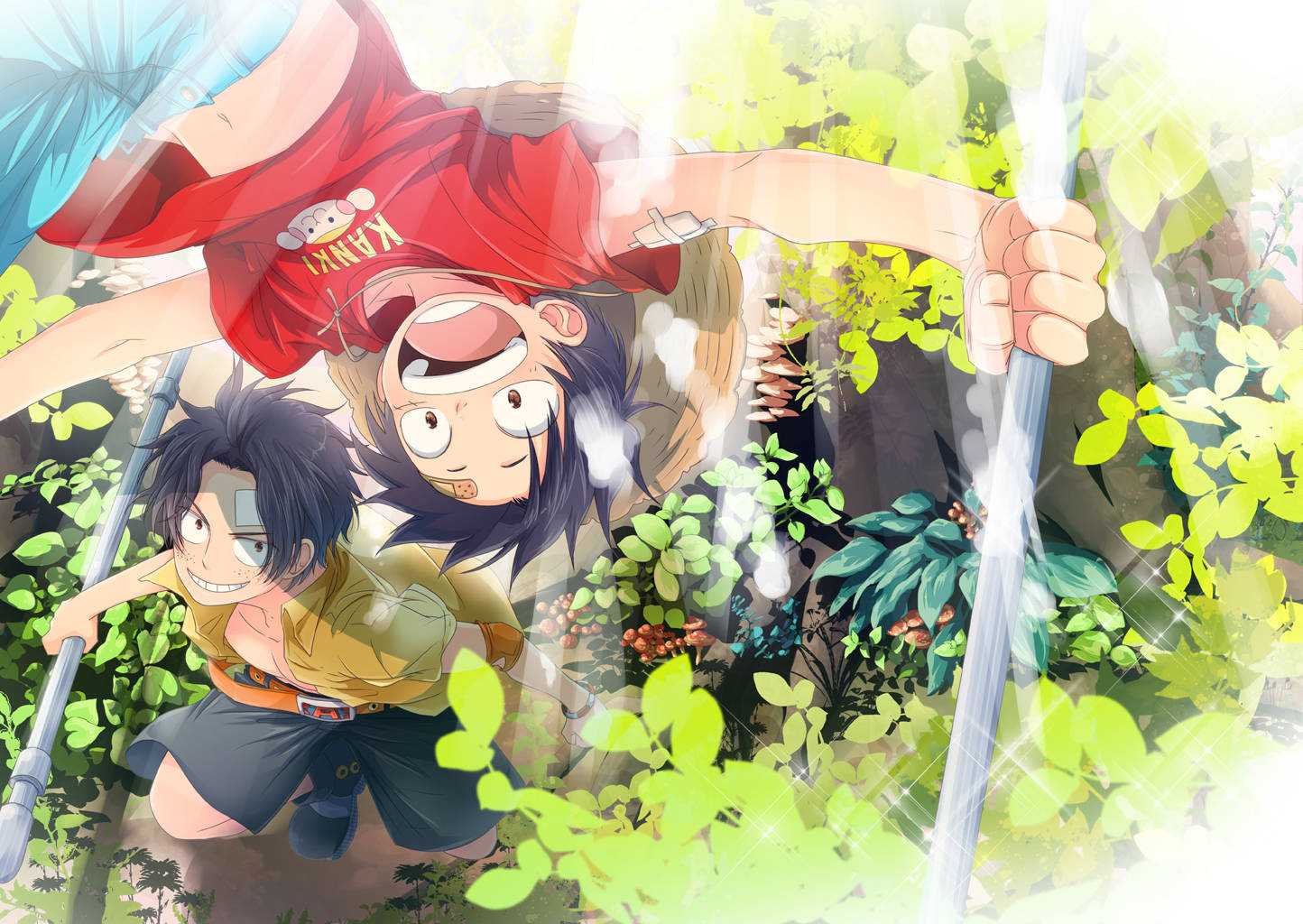 luffy 4K 桌布 壁紙 — 兩個動漫角色帶著堅定的表情，攀爬過充滿活力的綠色樹葉，明亮的陽光穿過樹葉照射下來。