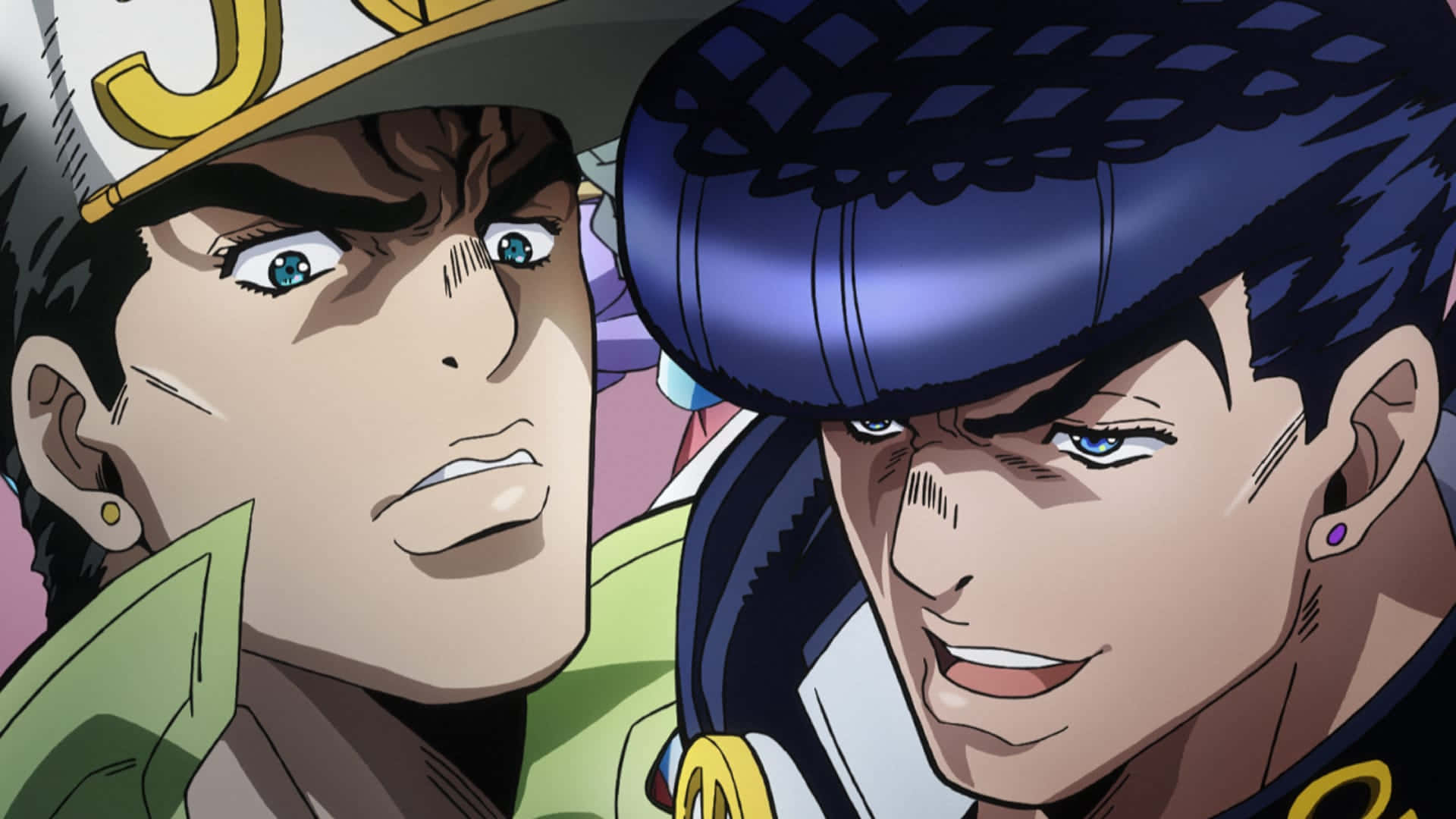 Jotaro 桌布 壁紙 — 兩個動漫角色帶著強烈的表情，在戲劇性的特寫中互相凝視。