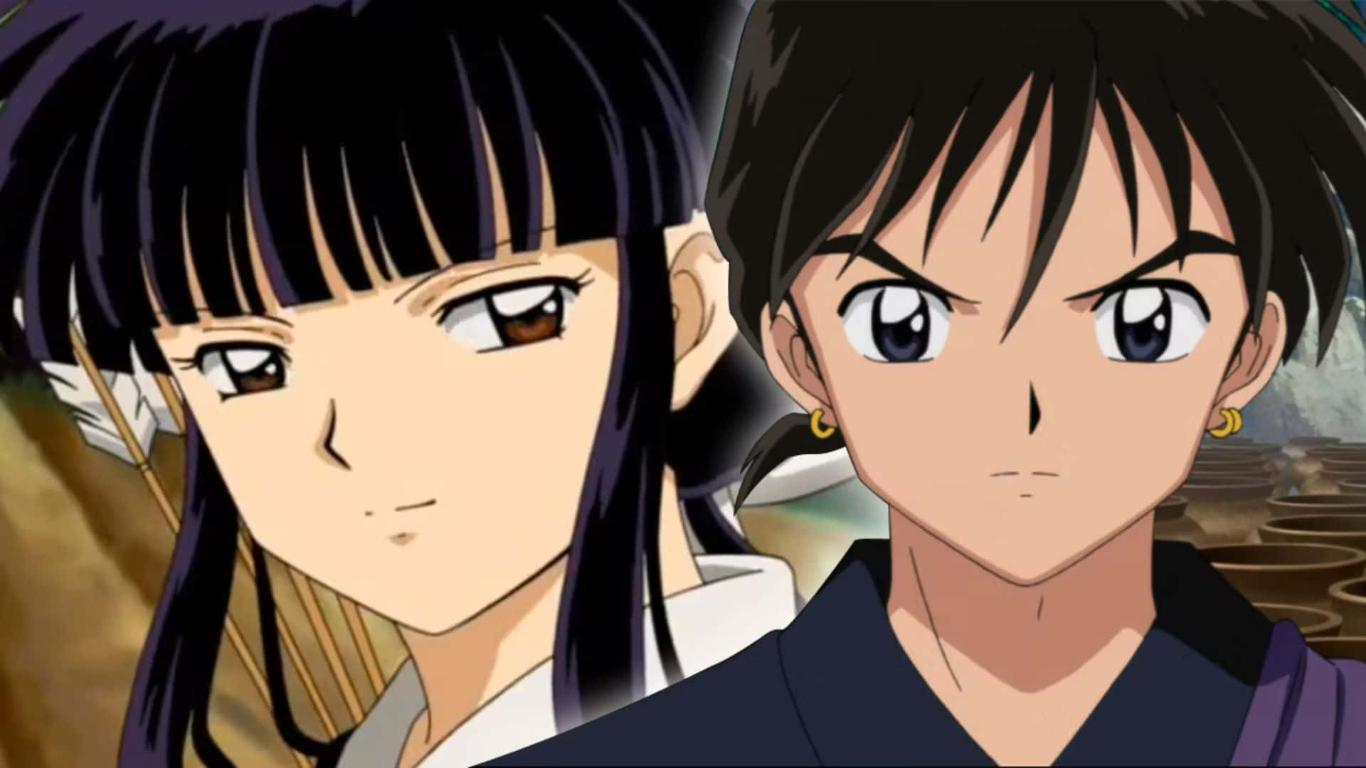 Miroku 桌布 壁紙 — 兩個動漫角色帶著強烈的表情向前凝視，一個有深色頭髮和箭袋，另一個有短髮和金耳環。