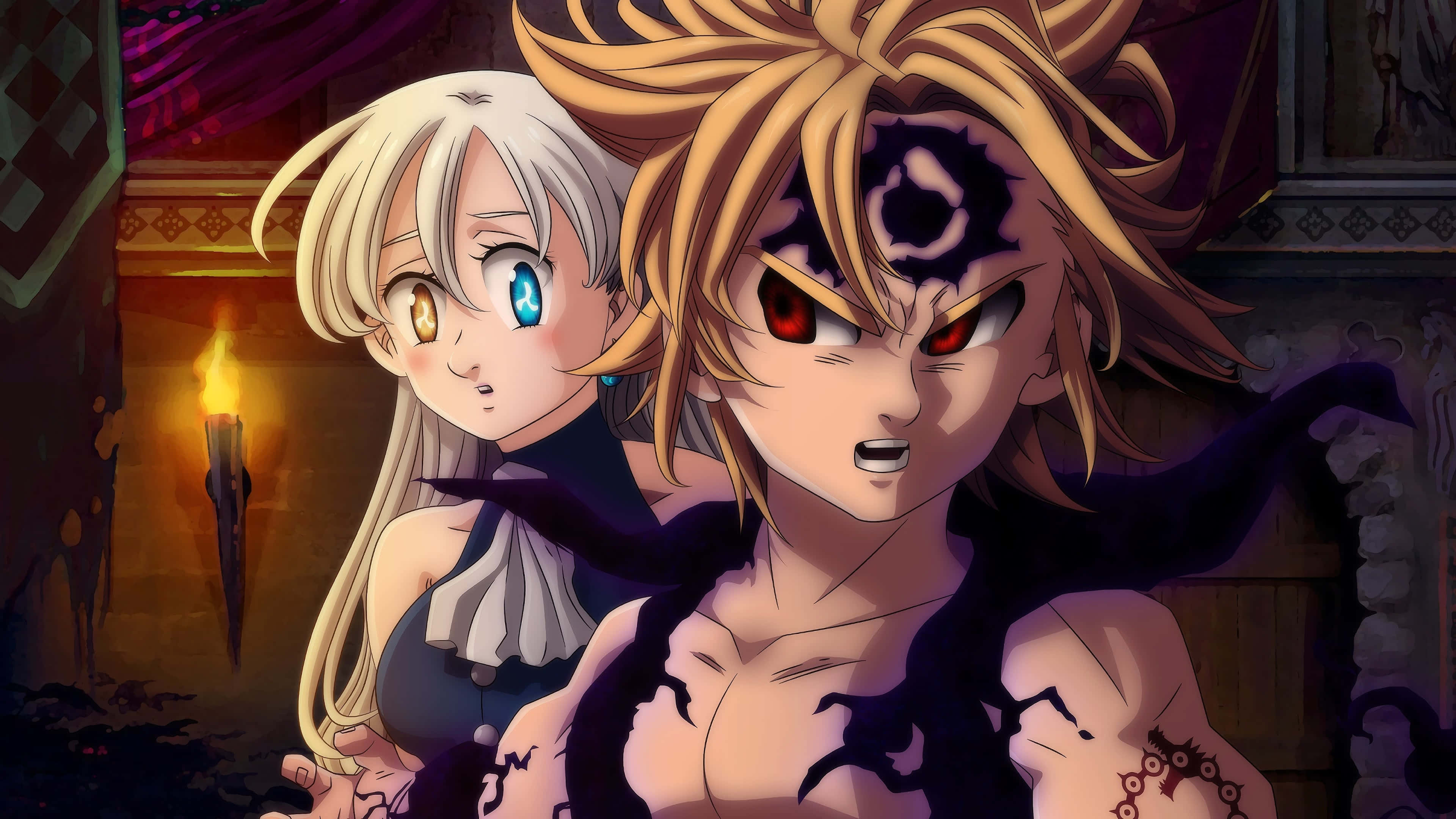 Meliodas 桌布 壁紙 — 兩個動漫角色帶著戲劇性的表情，站在一個光線昏暗、裝飾華麗的房間裡，旁邊有一支搖曳的火把。