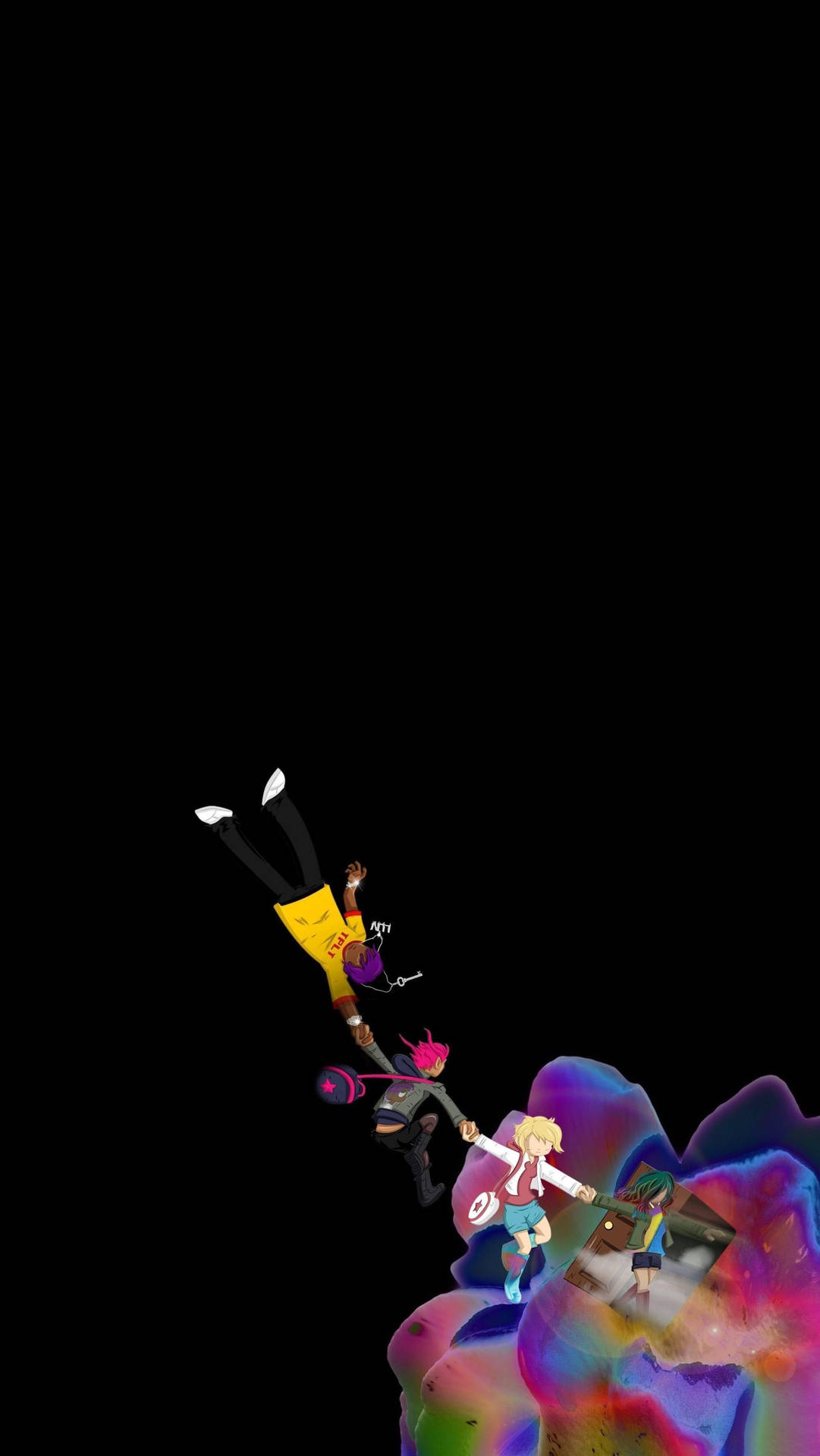 動漫角色從發光平台跳入太空。 — Juice Wrld 壁紙