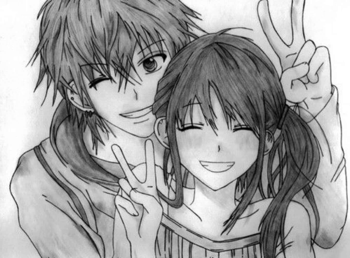 Black And White Anime 桌布 壁紙 — 兩個動漫角色微笑並以和平手勢擺姿勢，呈現柔和的鉛筆素描風格。