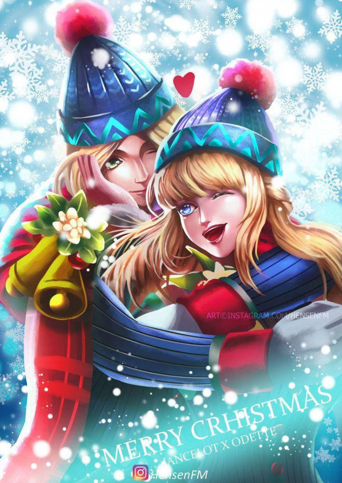 Mobile Legends 動態圖 桌布 壁紙 — 兩個動漫角色戴著節日冬帽，在飄落的雪花中擁抱，中間有一顆心。