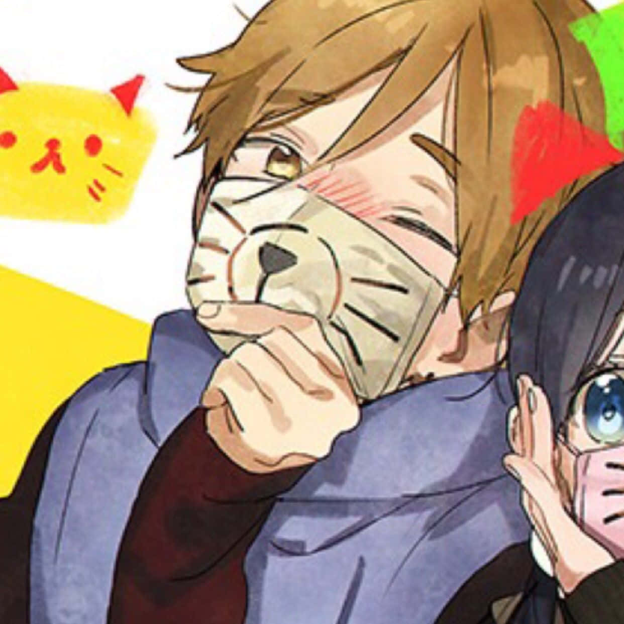 動漫男孩 桌布 壁紙 — 兩個動漫角色戴著貓面具，在明亮的黃色背景上溫暖地擁抱，背景上有漂浮的貓圖標。