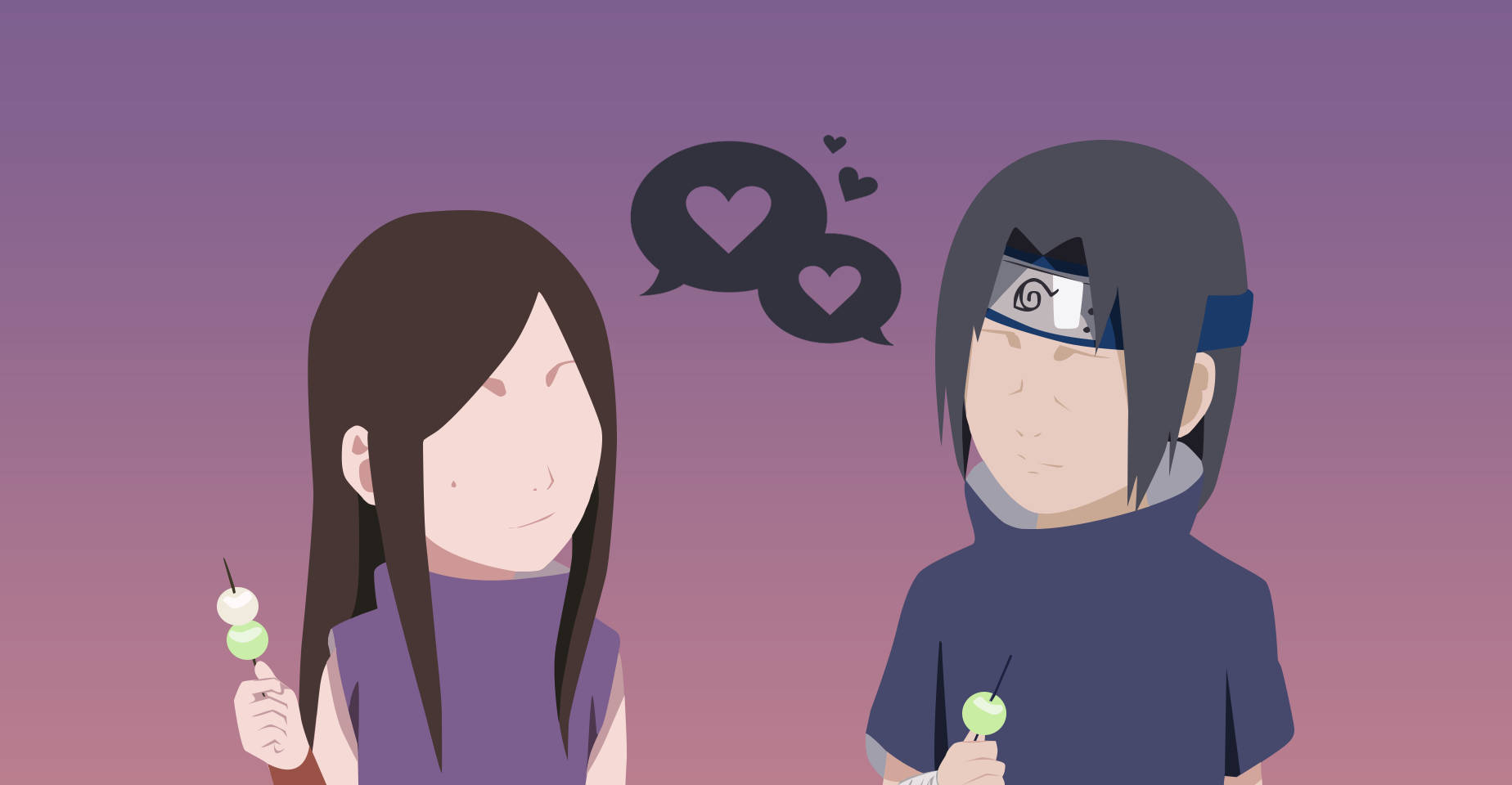 izumi uchiha 桌布 壁紙 — 兩個動漫角色手持串燒零食，心形對話框在他們之間漂浮，背景為紫色漸變。