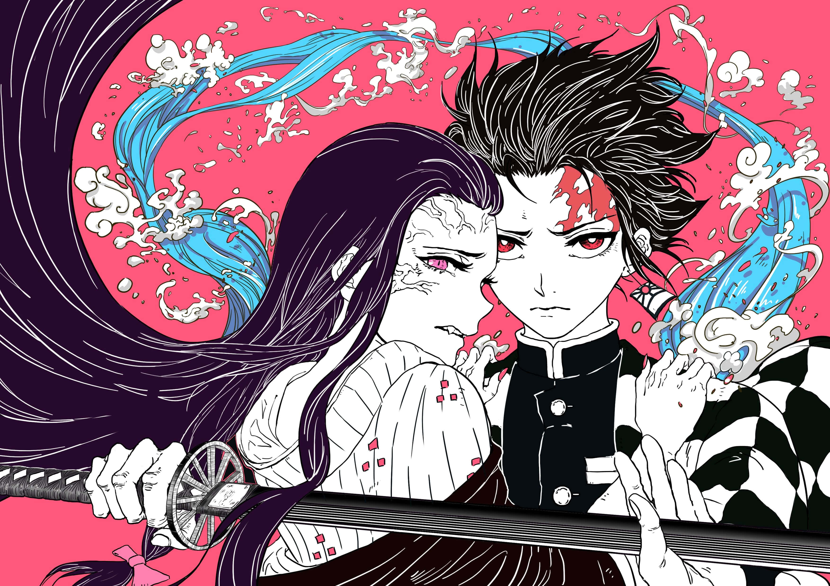 Demon Slayer Manga 桌布 壁紙 — 兩個動漫角色手持劍，在充滿活力的粉紅色背景上，伴隨著旋轉的藍色水效果對峙。
