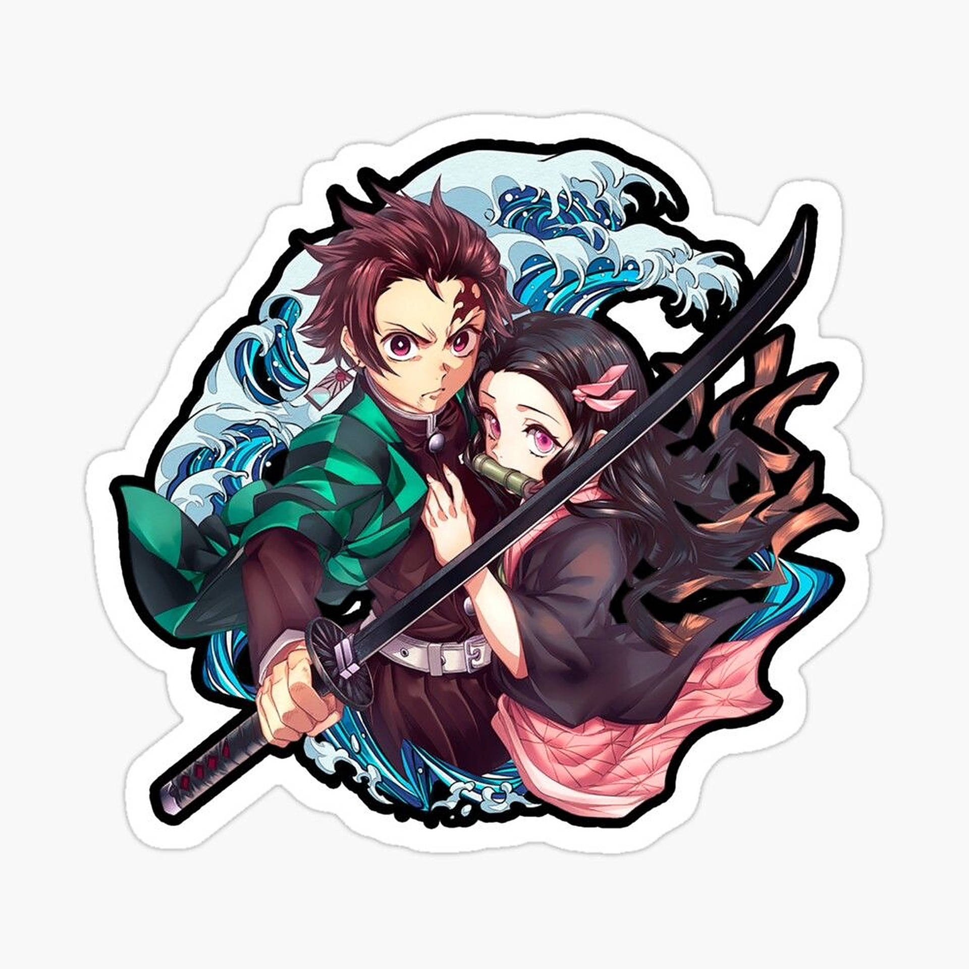 demon slayer logo 桌布 壁紙 — 兩個動漫角色手持劍，站在動感藍色波浪背景前，以醒目貼紙風格插圖呈現。