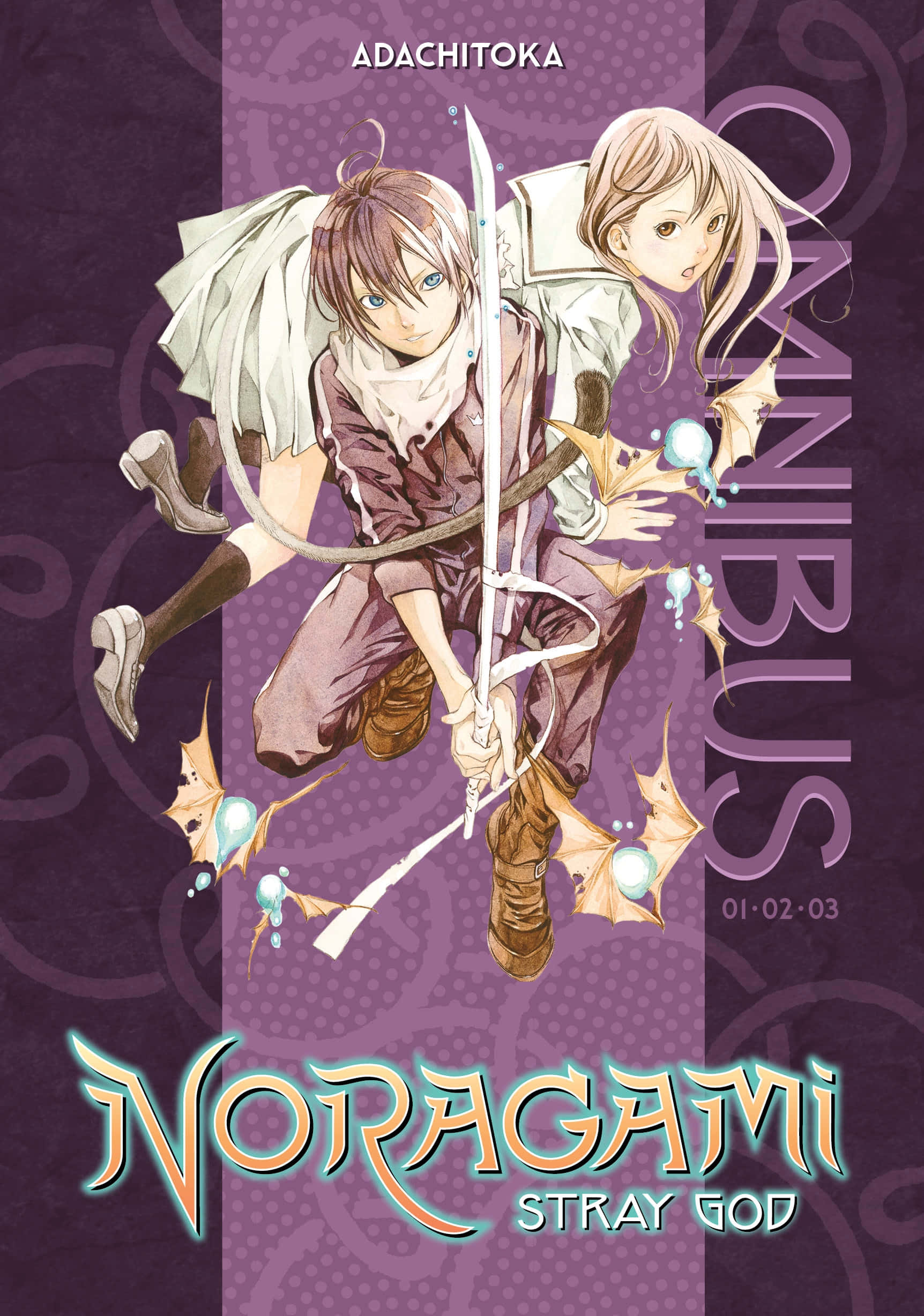 Noragami 桌布 壁紙 — 兩個動漫角色手持劍和發光藍色球體，漂浮在紫色圖案背景上。