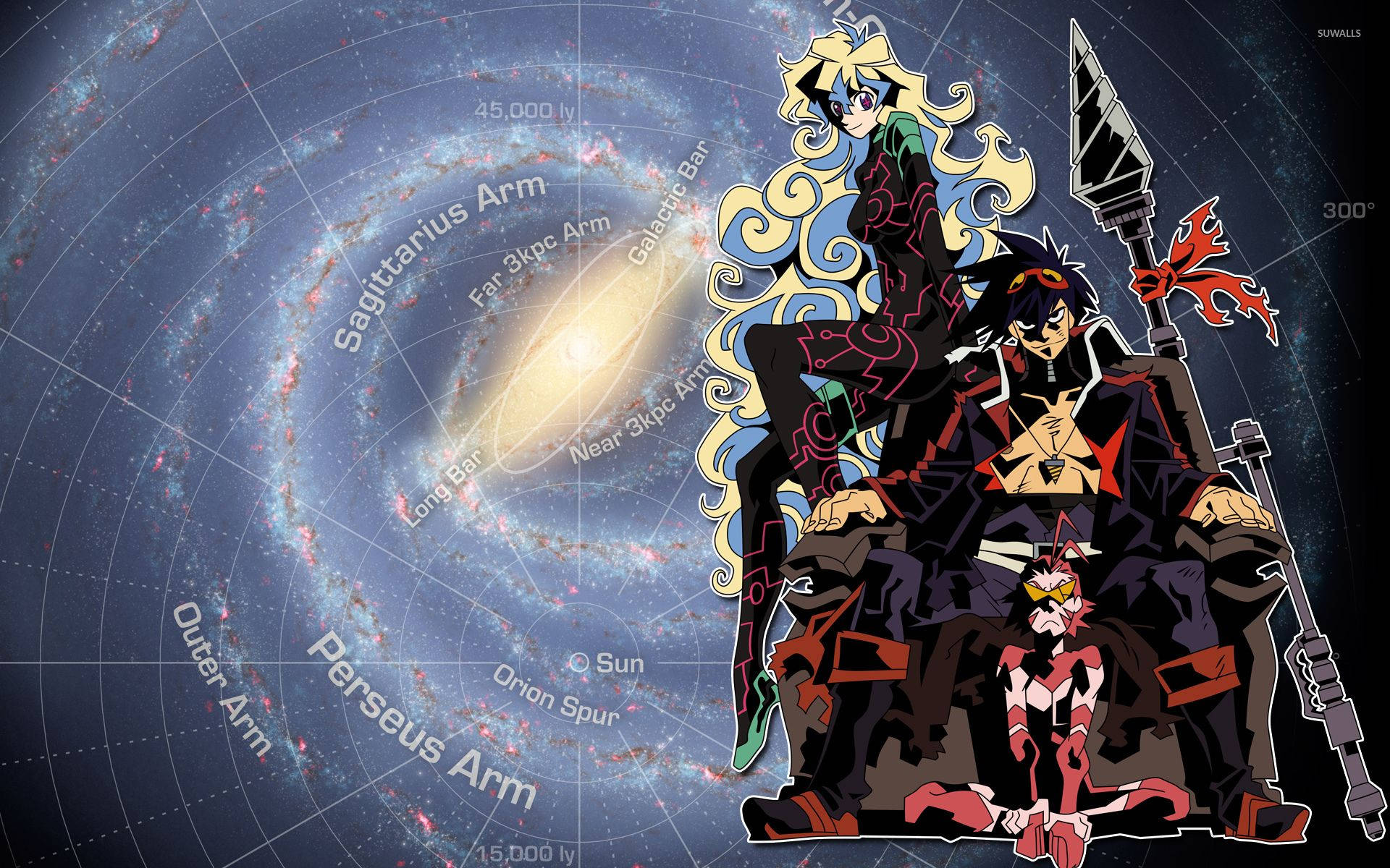 Gurren Lagann 桌布 壁紙 — 兩個動漫角色手持武器坐在銀河系的宇宙地圖上。