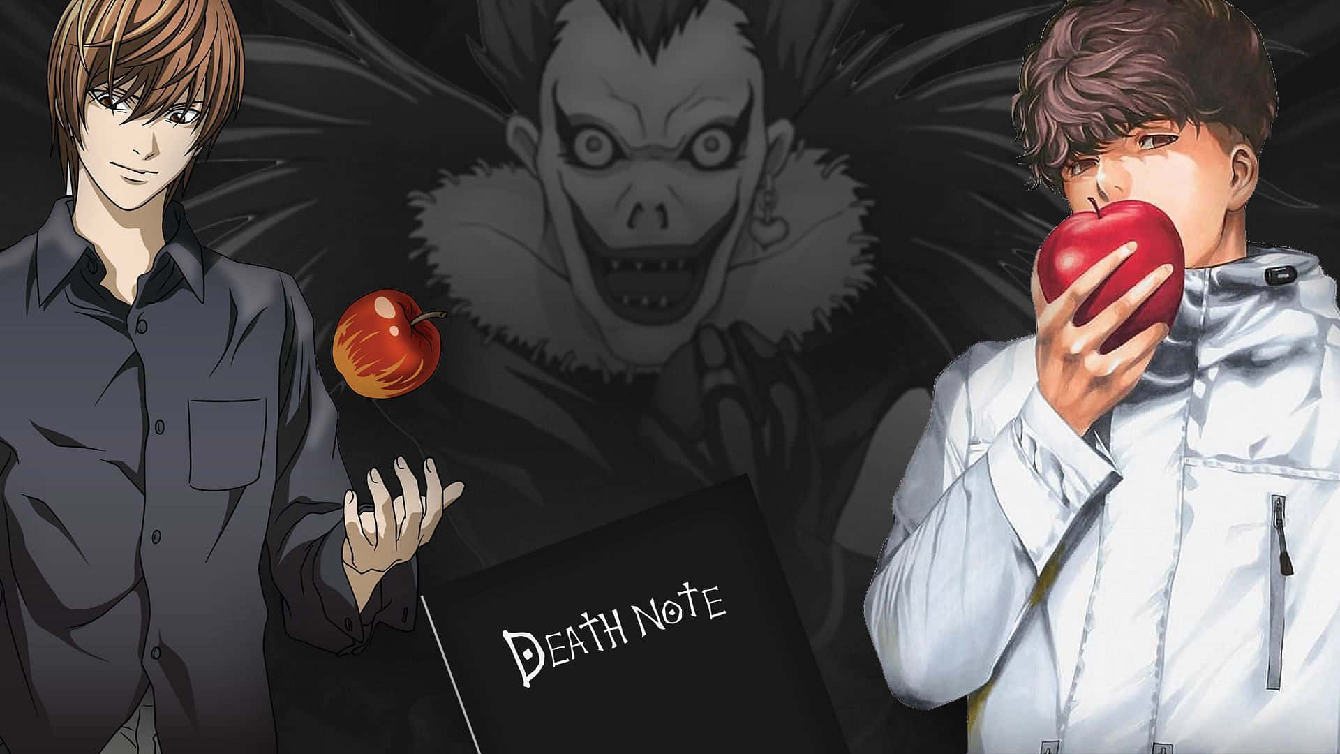 Light Yagami 桌布 壁紙 — 兩個動漫角色手持紅蘋果，一個威脅性的面具人物潛伏在死亡筆記後面。