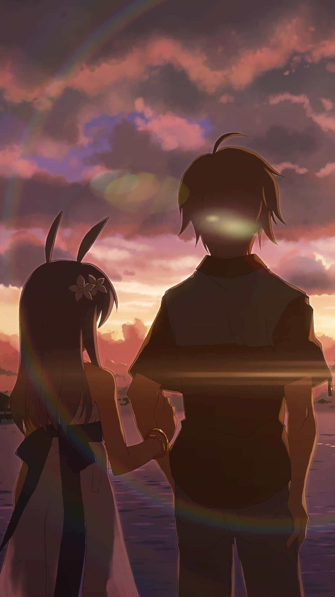Sad Anime Death 桌布 壁紙 — 兩個動漫角色手牽手，凝視著充滿活力的日落，彩虹穿過紫色雲層拱起。