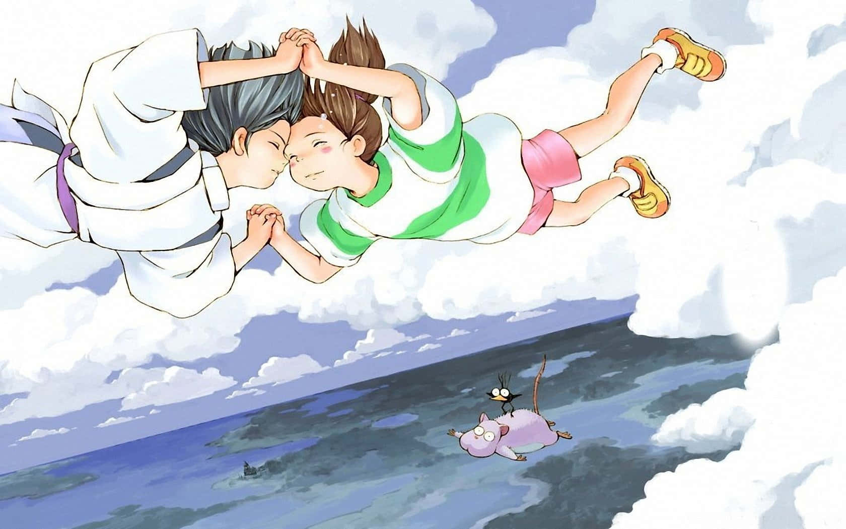 神隱少女 桌布 壁紙 — 兩個動漫角色手牽手漂浮在雲端之上，下方有一隻粉紅色的貓和一隻鳥。