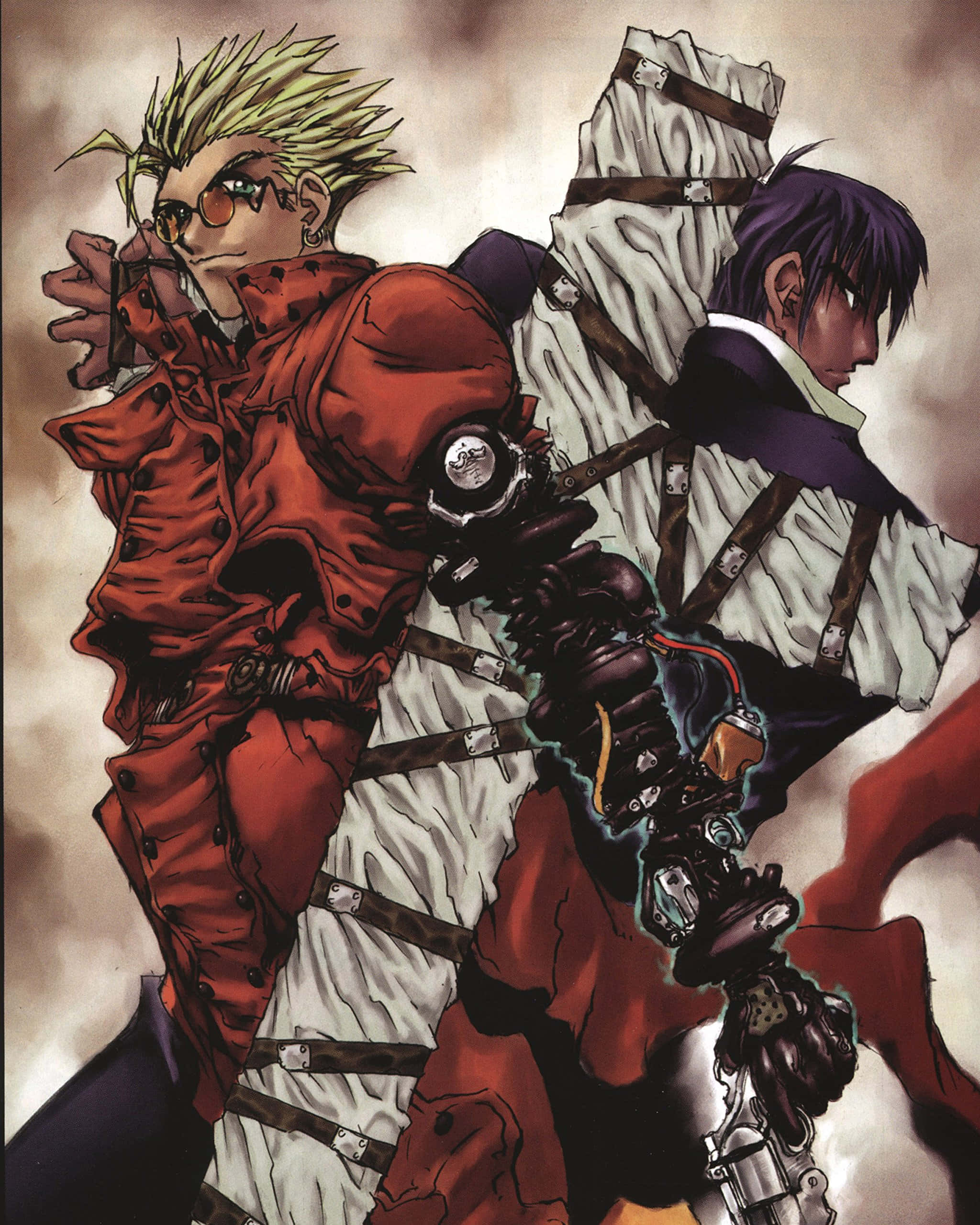 Nicholas D Wolfwood 桌布 壁紙 — 兩個動漫角色擺出動態姿勢，一個身穿紅色外套和護目鏡，另一個身穿白色背帶和機械手臂，背景煙霧瀰漫。