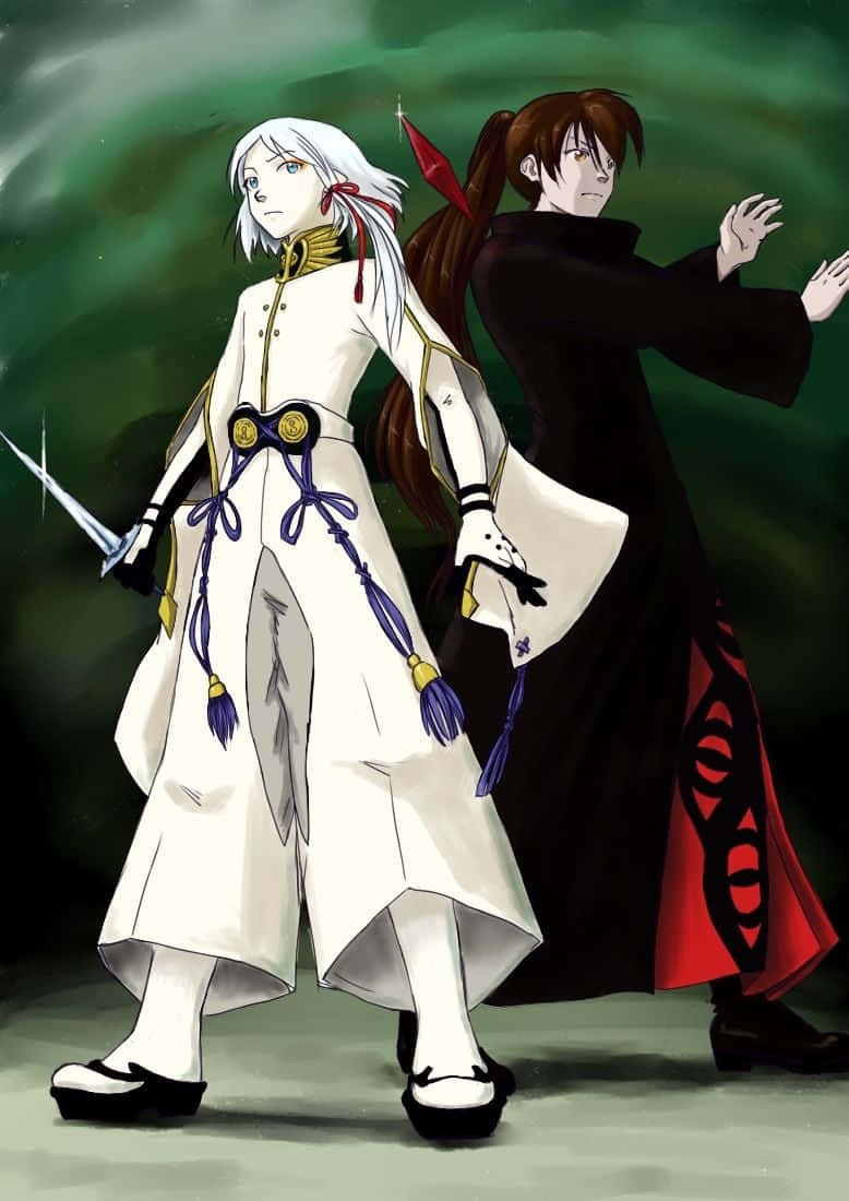 Tower Of God 桌布 壁紙 — 兩個動漫角色擺出戰鬥姿勢，一個身穿白衣手持劍，另一個身穿黑袍帶紅色點綴，背景是深綠色迷霧。