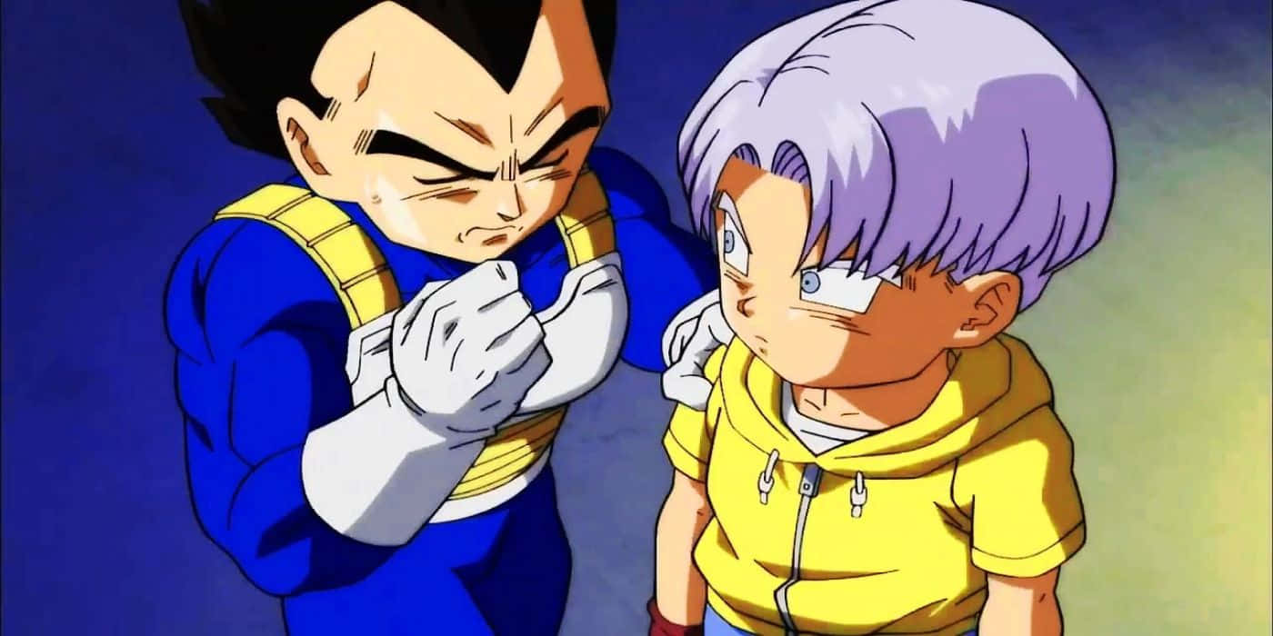 Vegeta's Family 桌布 壁紙 — 兩個動漫角色擺出戰鬥姿勢，一個身穿藍色盔甲表情憤怒，另一個穿著黃色連帽衫神情堅定。