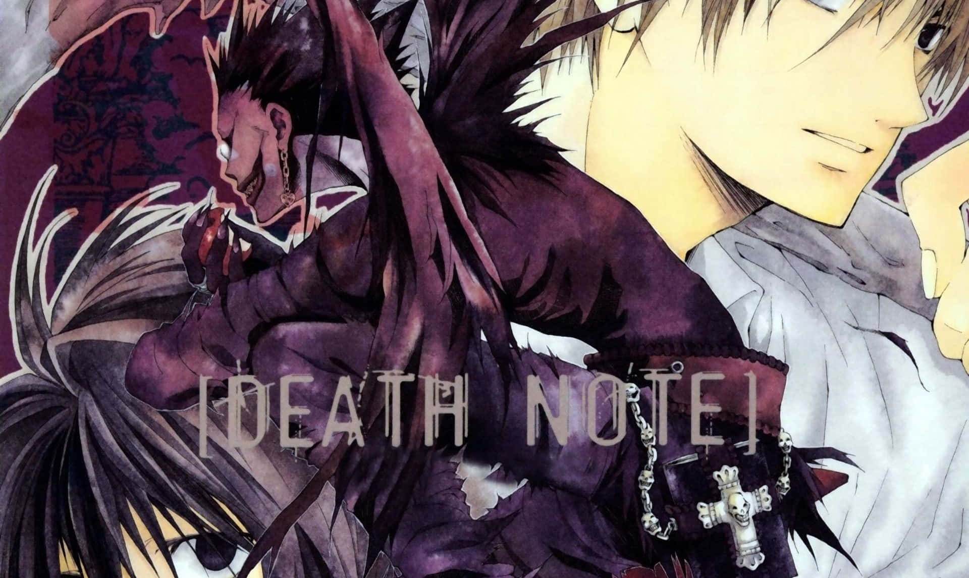 Death Note 4K 桌布 壁紙 — 兩個動漫角色擺出戲劇性的姿勢，一個有黑色翅膀和十字架項鍊，另一個表情平靜，背景是豐富的紫色。