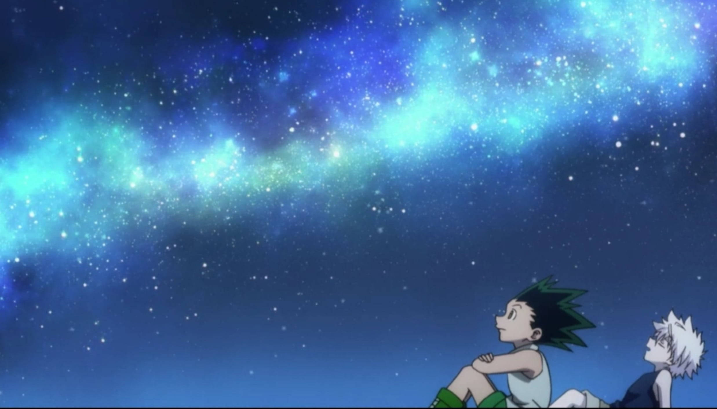 Gon And Killua 桌布 壁紙 — 兩個動漫角色敬畏地仰望充滿發光宇宙雲的鮮豔藍色星空。