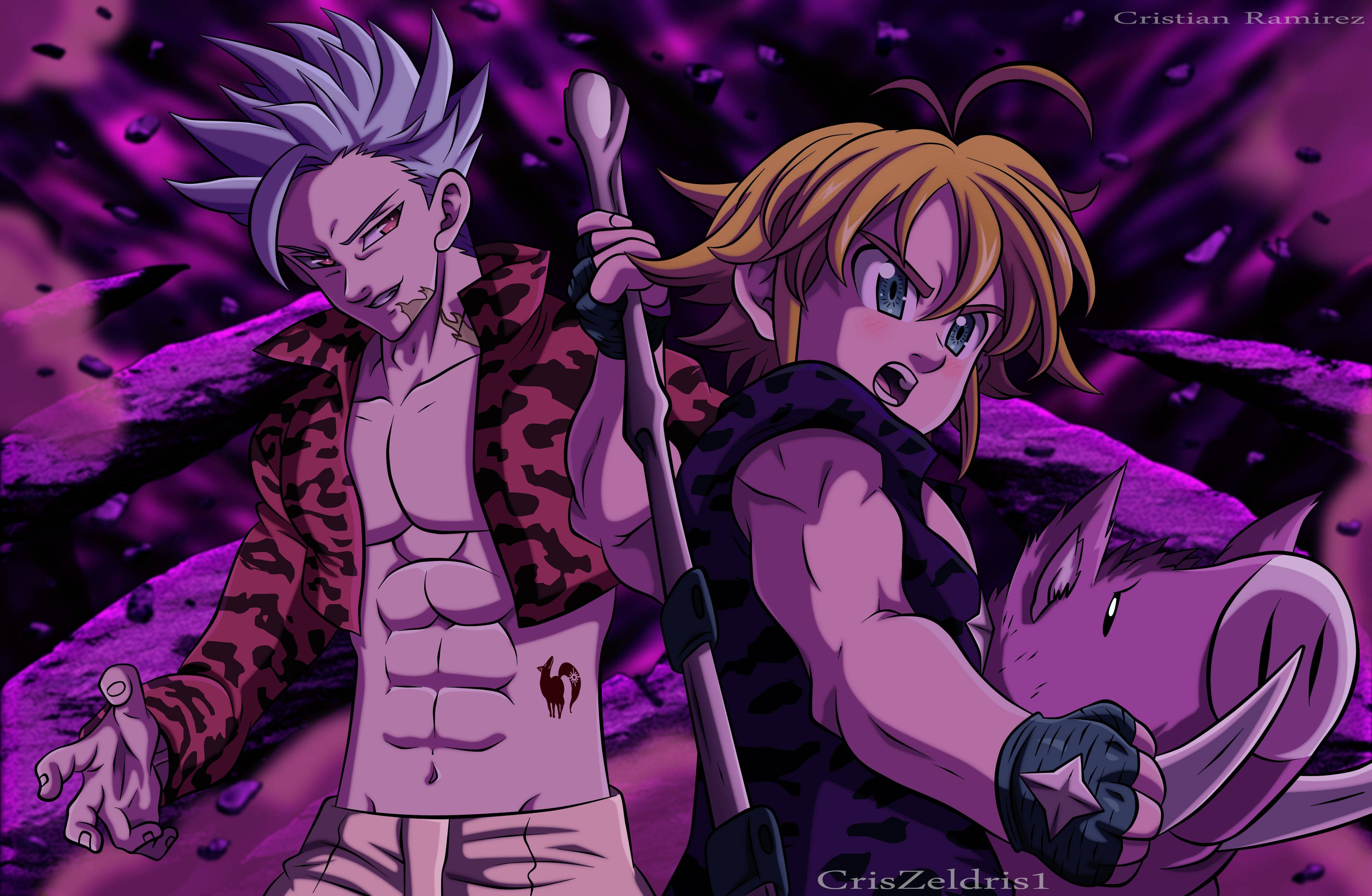 Meliodas 桌布 壁紙 — 兩個動漫角色有尖刺頭髮，站在紫色岩石景觀中，一個拿著法杖，另一個帶著一隻像豬的生物。