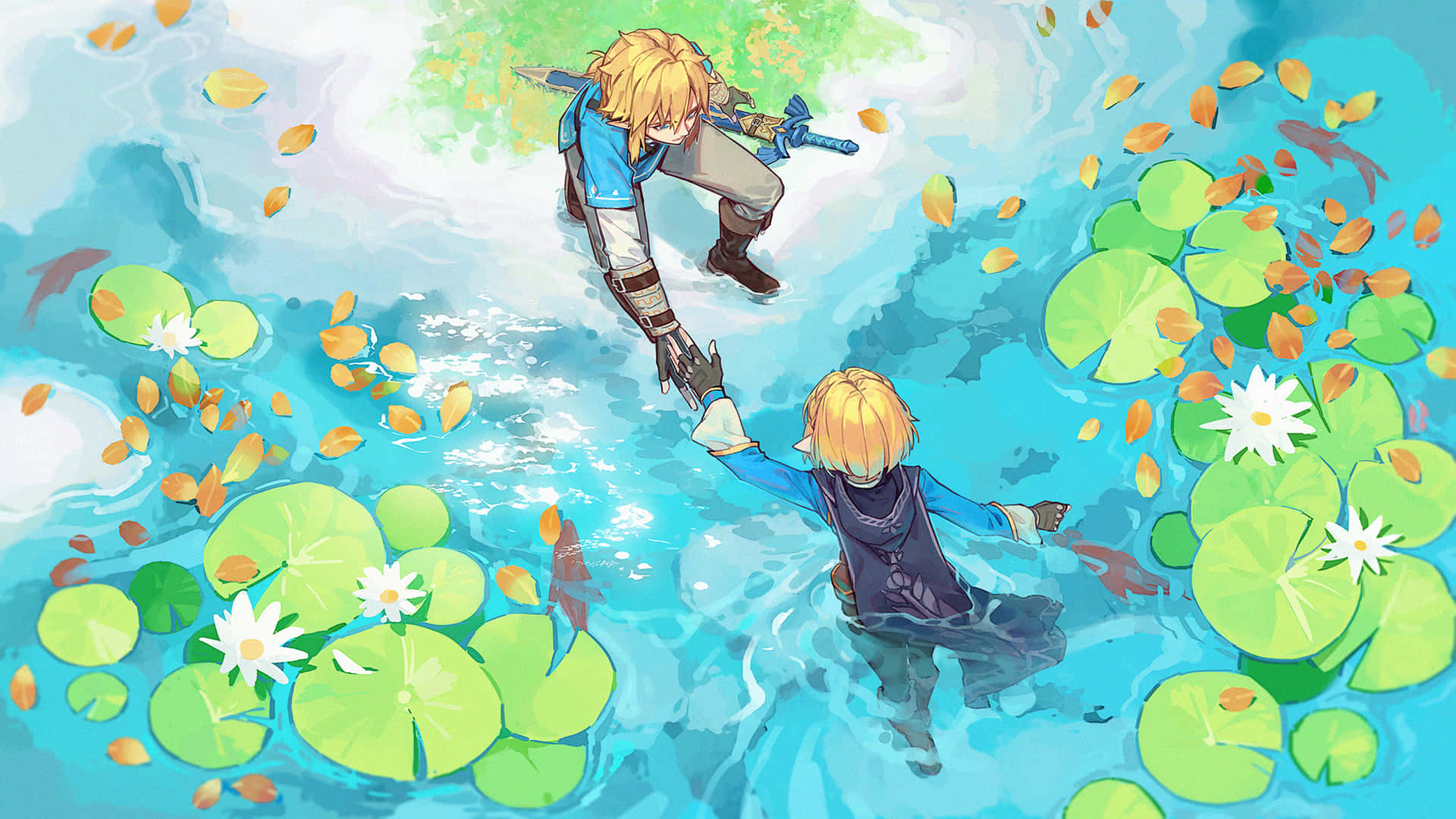 The Legend Of Zelda Tears Of The Kingdom 桌布 壁紙 — 兩個動漫角色涉水穿過一個充滿睡蓮葉和飄落秋葉的充滿活力的池塘。
