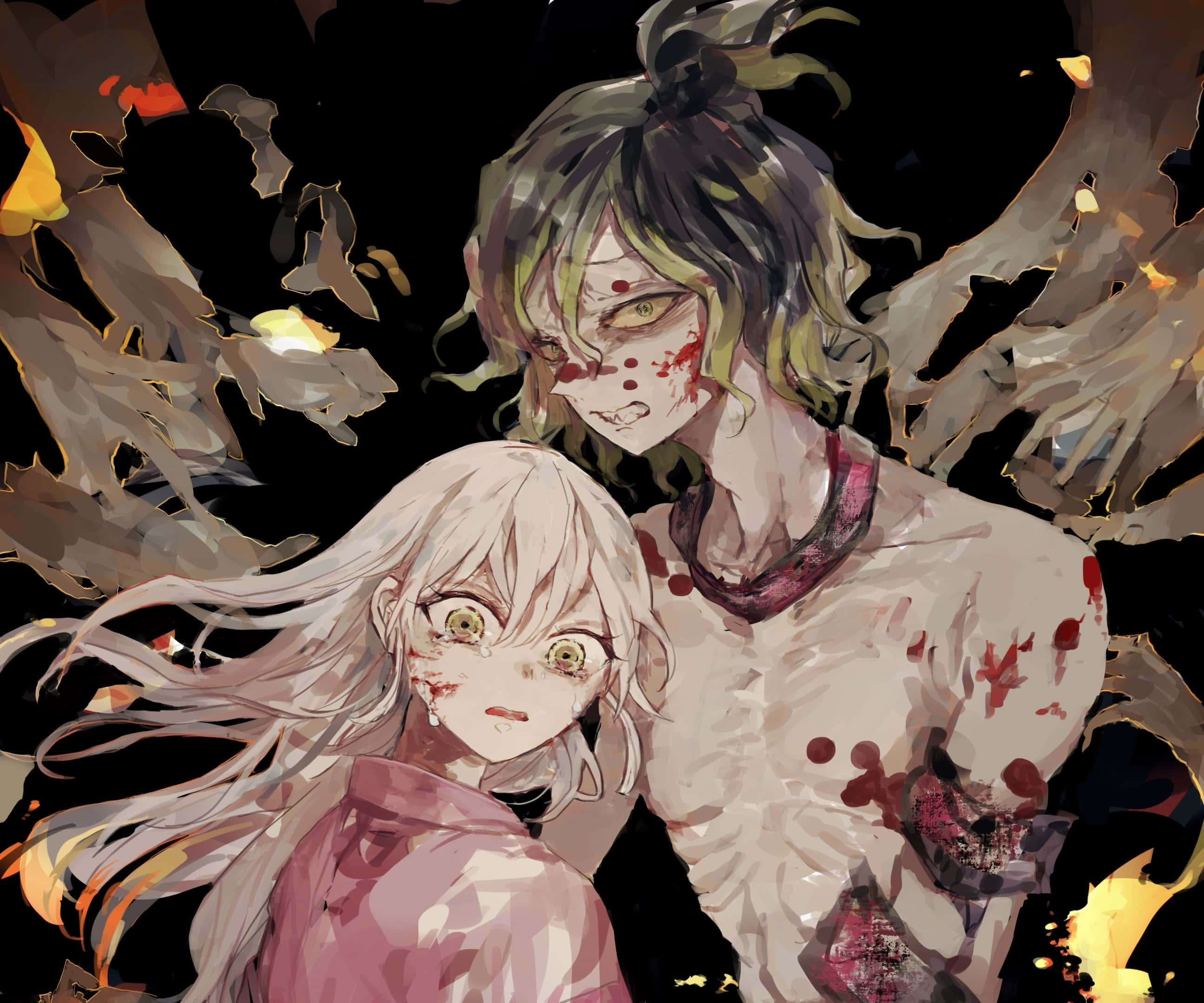 Daki Demon Slayer 桌布 壁紙 — 兩個動漫角色滿臉鮮血、衣衫襤褸，站在黑暗背景前的火焰廢墟中。