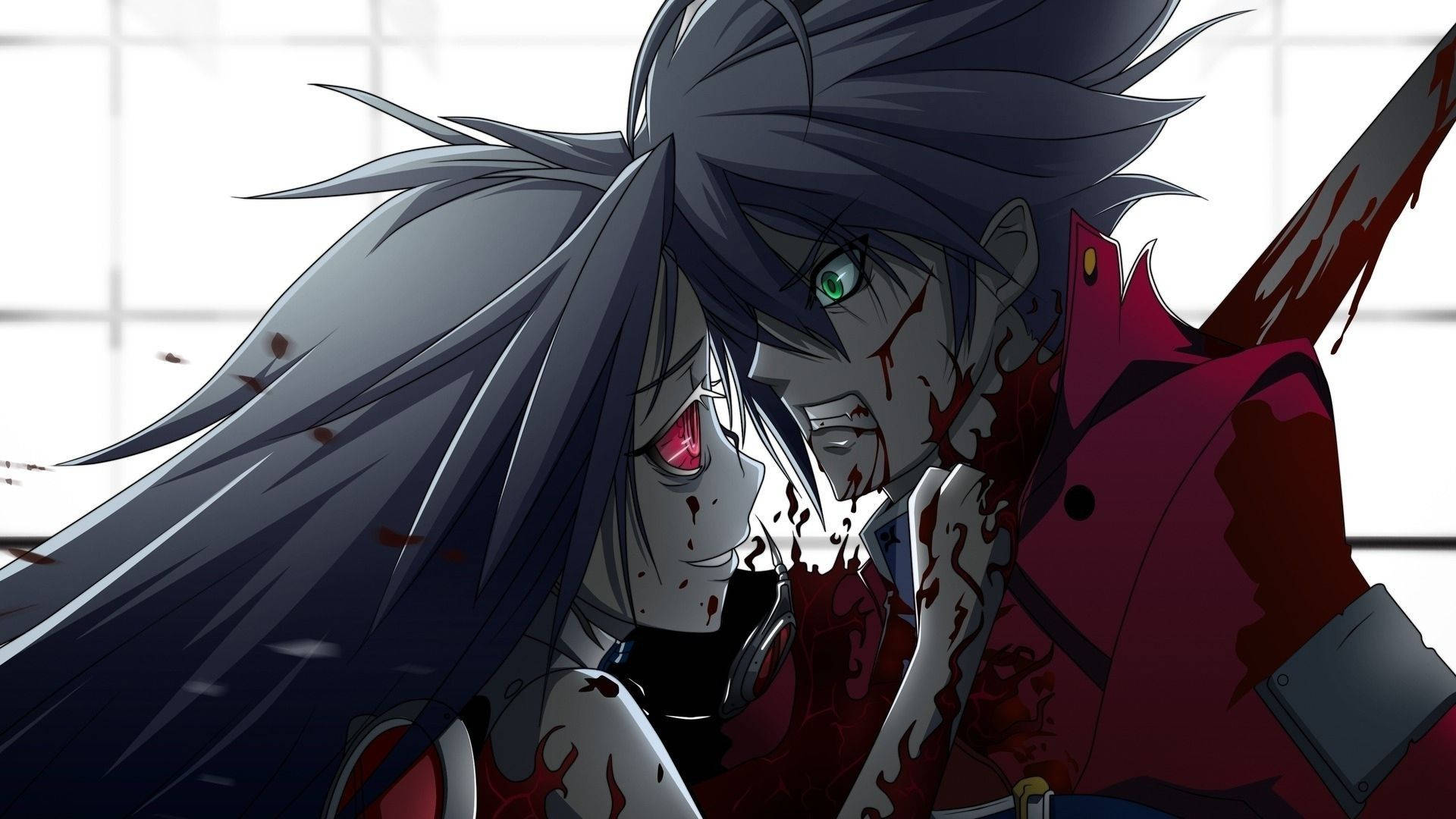 Scary Anime Boy 桌布 壁紙 — 兩個動漫角色滿臉鮮血，黑髮，在明亮的窗戶背景下激烈衝突，場面緊張暴力。