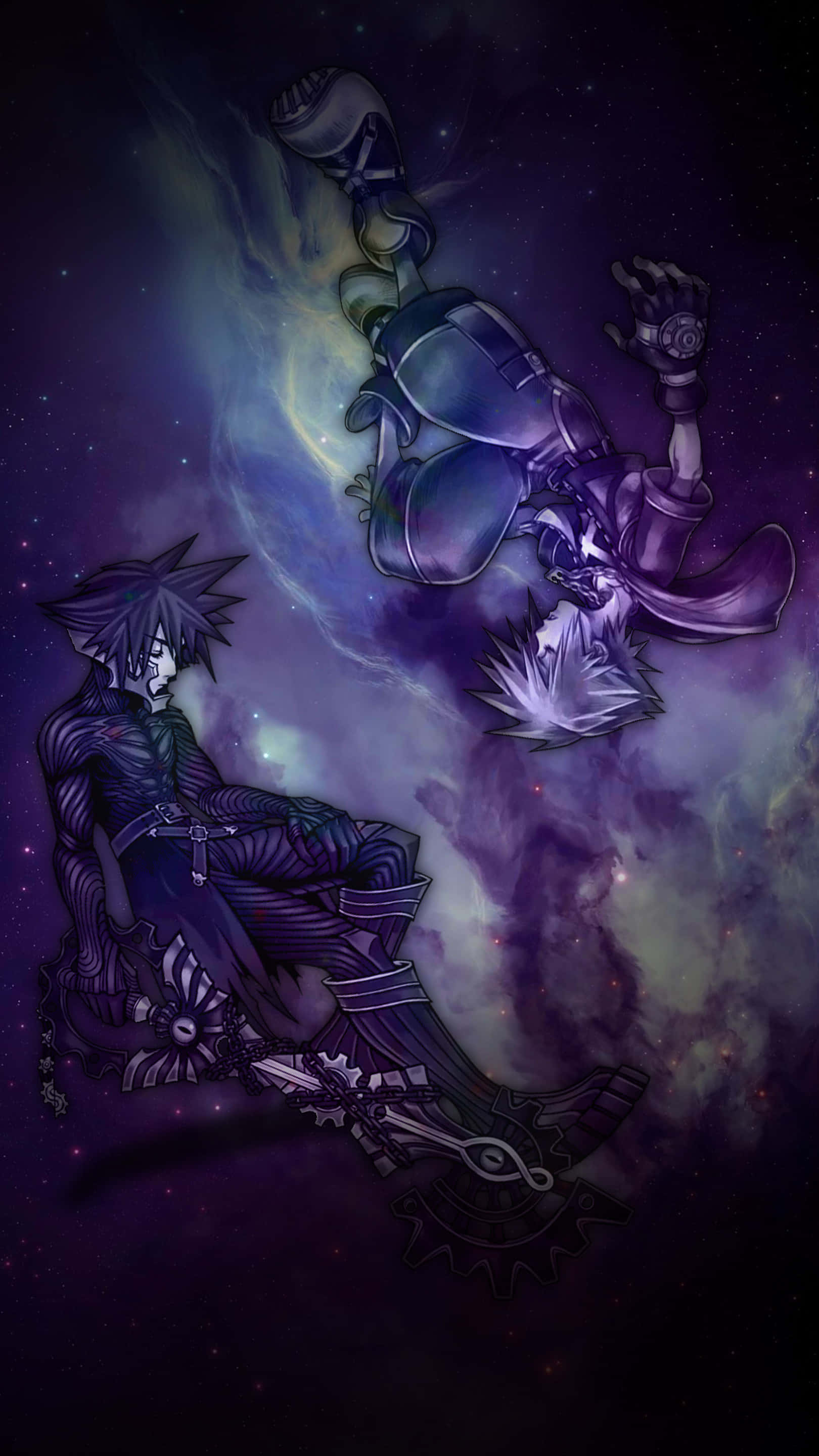 Kingdom Hearts Phone 桌布 壁紙 — 兩個動漫角色漂浮在宇宙星雲中，一個坐著，另一個在旋轉的紫色和藍色雲層中墜落。