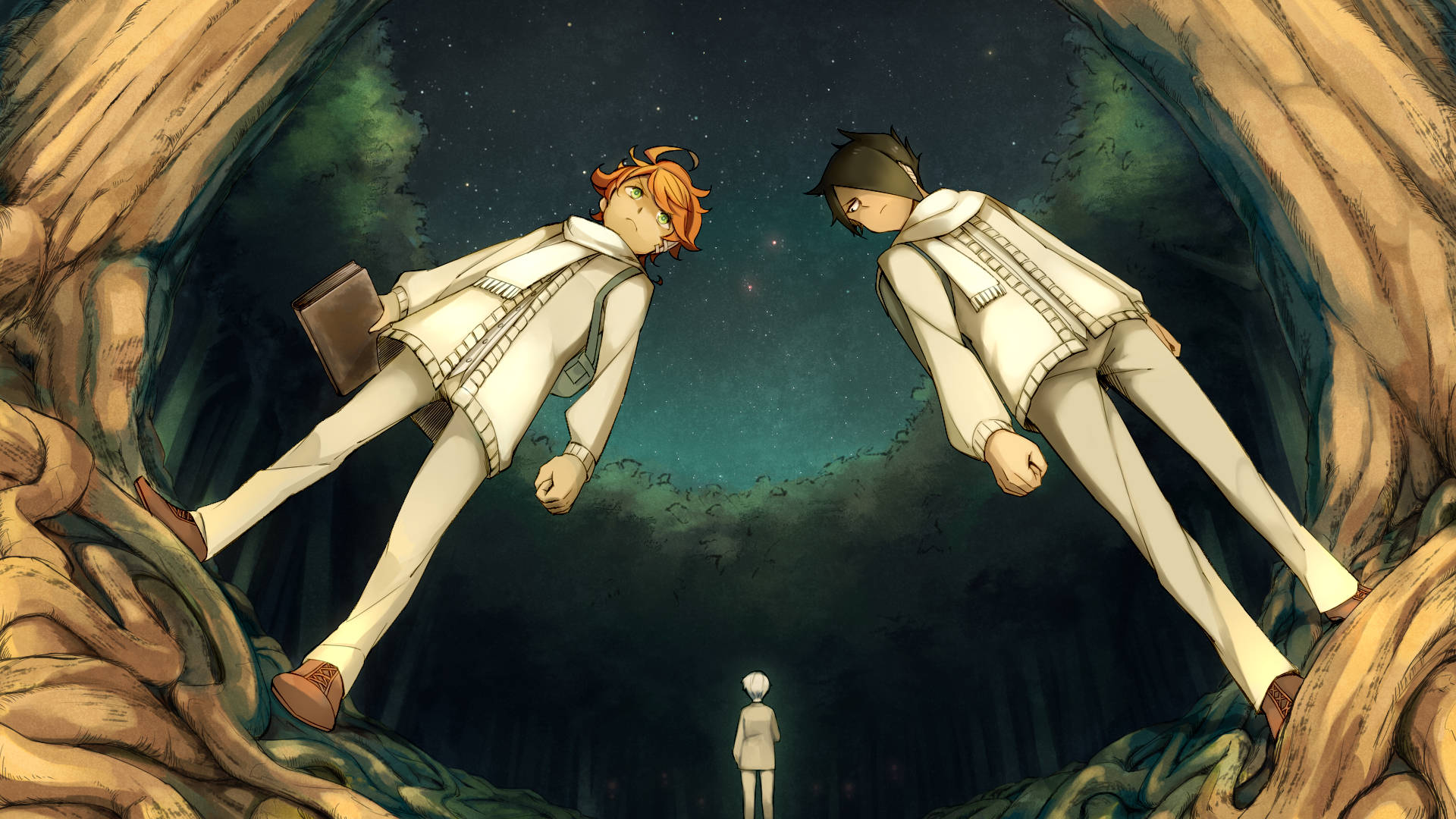 The Promised Neverland 桌布 壁紙 — 兩個動漫角色漂浮在星空洞穴中，下方有一個小人，被宇宙光照亮。