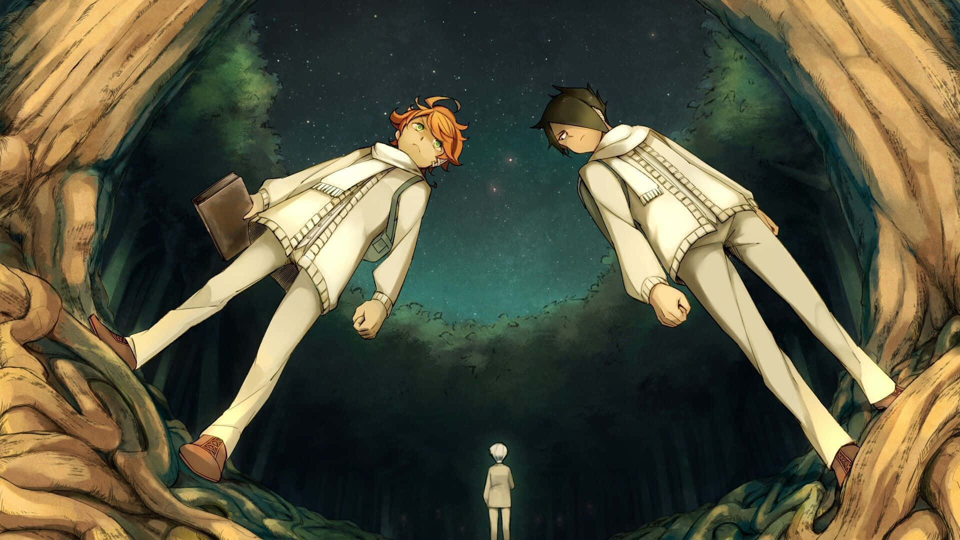 鋼之鍊金術師 BROTHERHOOD 桌布 壁紙 — 兩個動漫角色漂浮在星空洞穴中，下方有一個小人影，沐浴在神秘的青綠色和大地色調中。