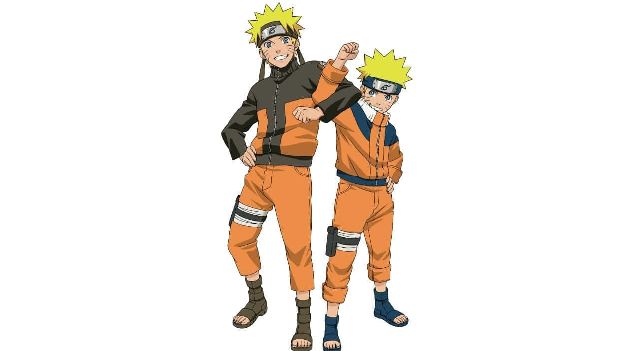 Naruto White 桌布 壁紙 — 兩個動漫角色漩渦鳴人，成人和兒童形態，自信地穿著橙色連身衣，在純白色背景前擺姿勢。