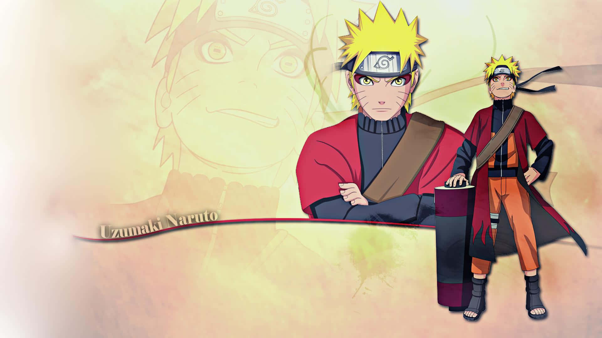 Naruto Sage Mode 桌布 壁紙 — 兩個動漫角色漩渦鳴人穿著紅色和橙色服裝，自信地站在溫暖的漸變背景前，他的臉在背後微妙地淡出。