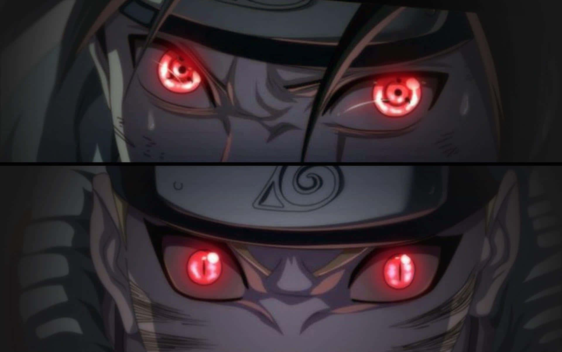 Naruto Eyes 桌布 壁紙 — 兩個動漫角色的特寫，眼睛發出紅光，戴著頭帶，色調陰暗。