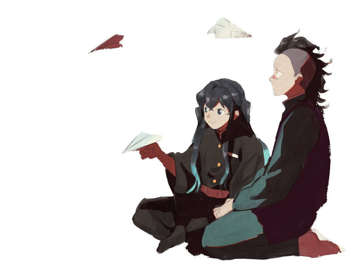 genya 桌布 壁紙 — 兩個動漫角色盤腿坐在純白背景上，手持並觀看紙飛機在他們周圍漂浮。