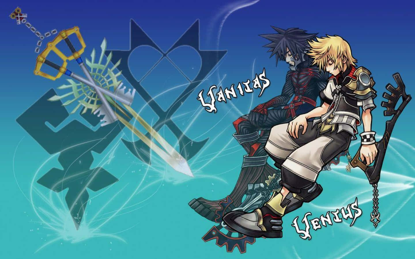 Kingdom Hearts Ventus 桌布 壁紙 — 兩個動漫角色盤腿而坐，手持鑰刃，背景為漸變藍色，帶有發光能量效果。