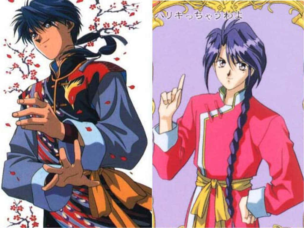 Fushigi Yuugi 桌布 壁紙 — 兩個動漫角色穿著傳統服裝，一個有櫻花，另一個有辮子和手指手勢。