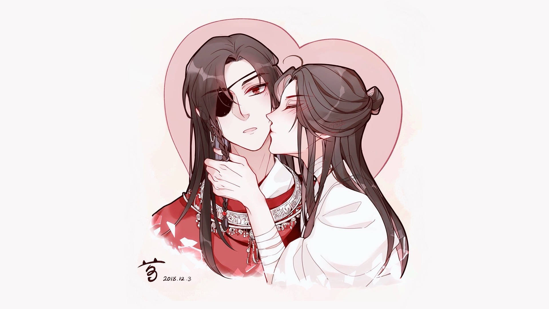 hua cheng 桌布 壁紙 — 兩個動漫角色穿著傳統服飾，在柔和的粉紅色心形光環下親吻。