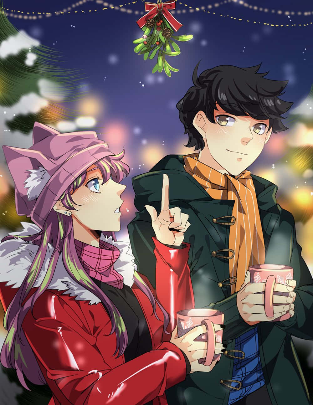 Mistletoe 桌布 壁紙 — 兩個動漫角色穿著冬季外套，在節日燈串和懸掛的槲寄生下啜飲熱可可。