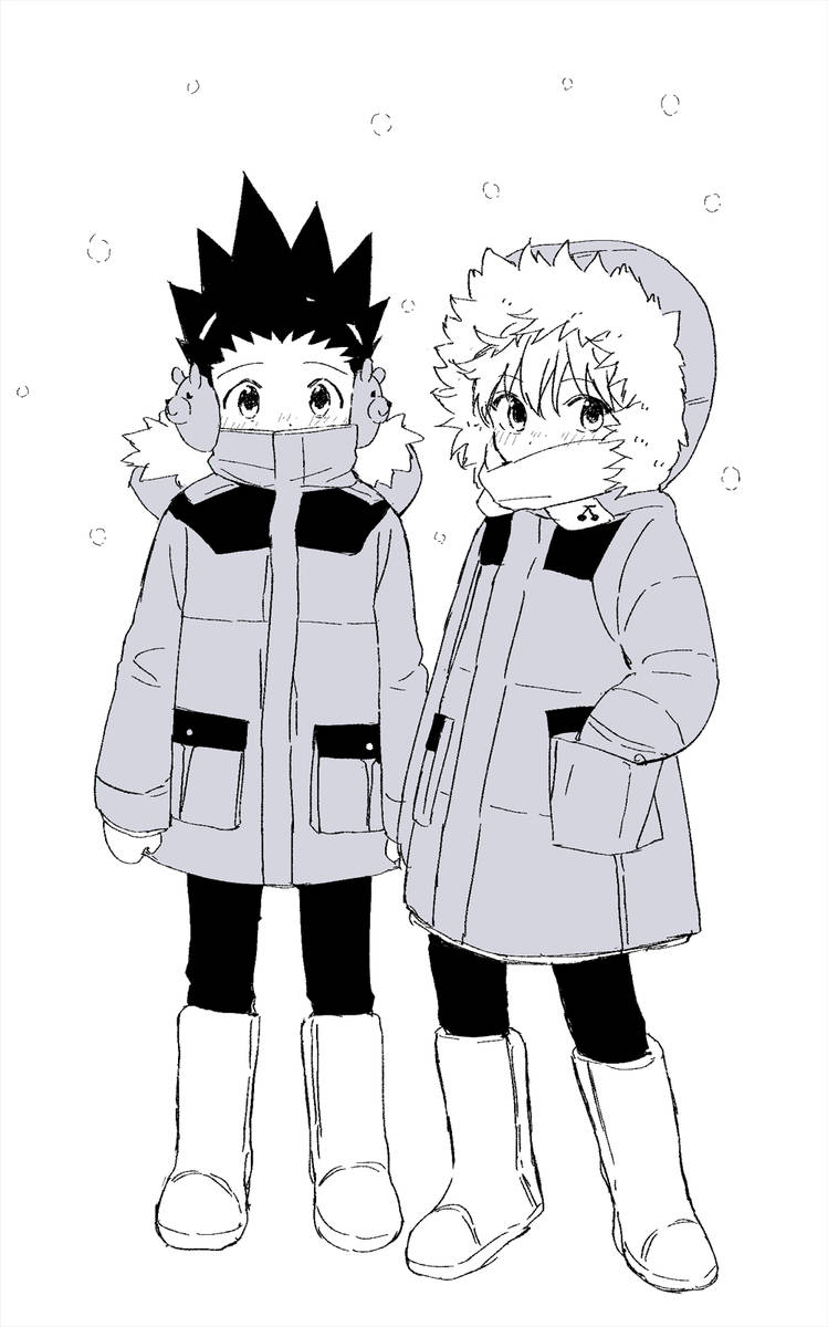 Gon And Killua 桌布 壁紙 — 兩個動漫角色穿著冬季外套和靴子，在雪花飄落時緊靠在一起。