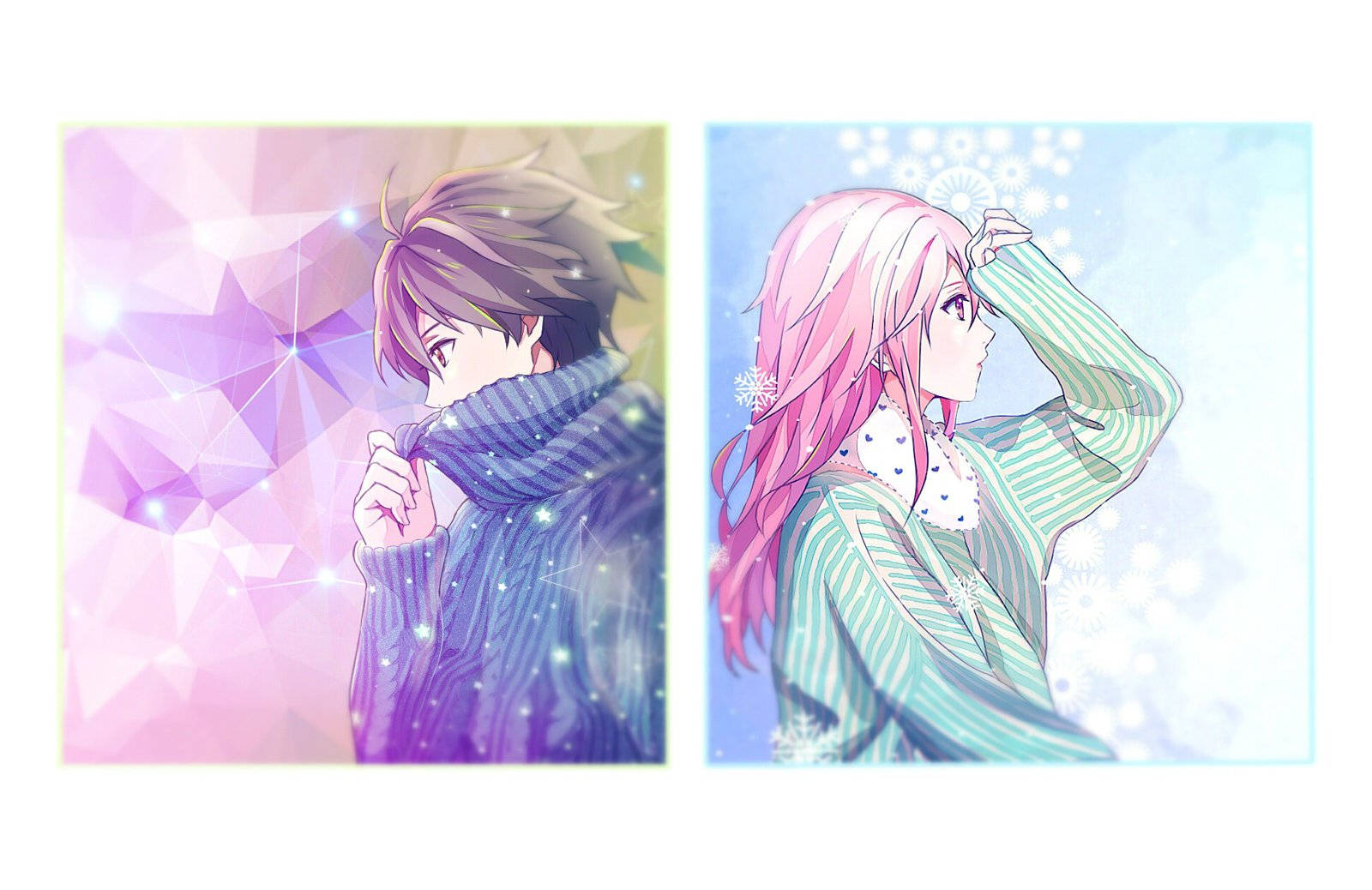 guilty 桌布 壁紙 — 兩個動漫角色穿著冬季服裝，站在幾何和雪花背景前，帶有柔和粉彩燈光。