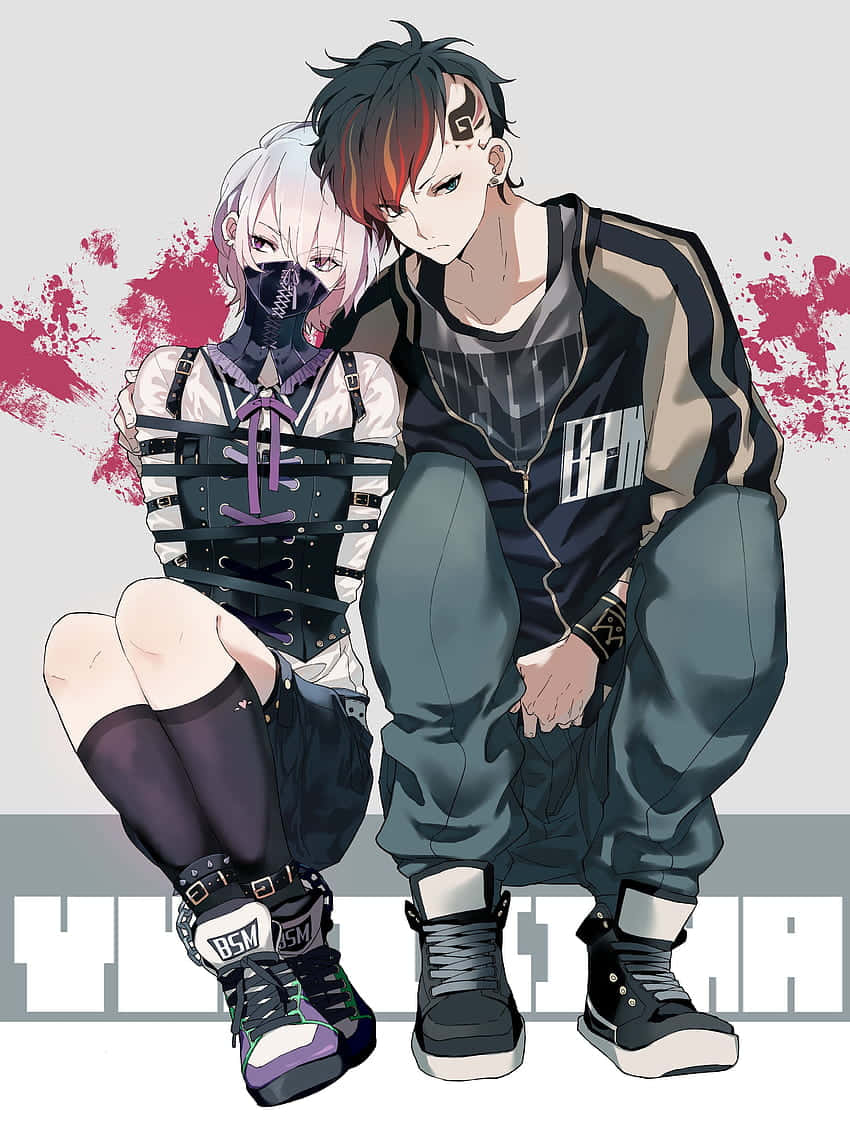 Aesthetic Anime Pfp 桌布 壁紙 — 兩個動漫角色穿著前衛服裝，在灰色背景與粉紅色潑濺藝術前緊密擺姿勢。