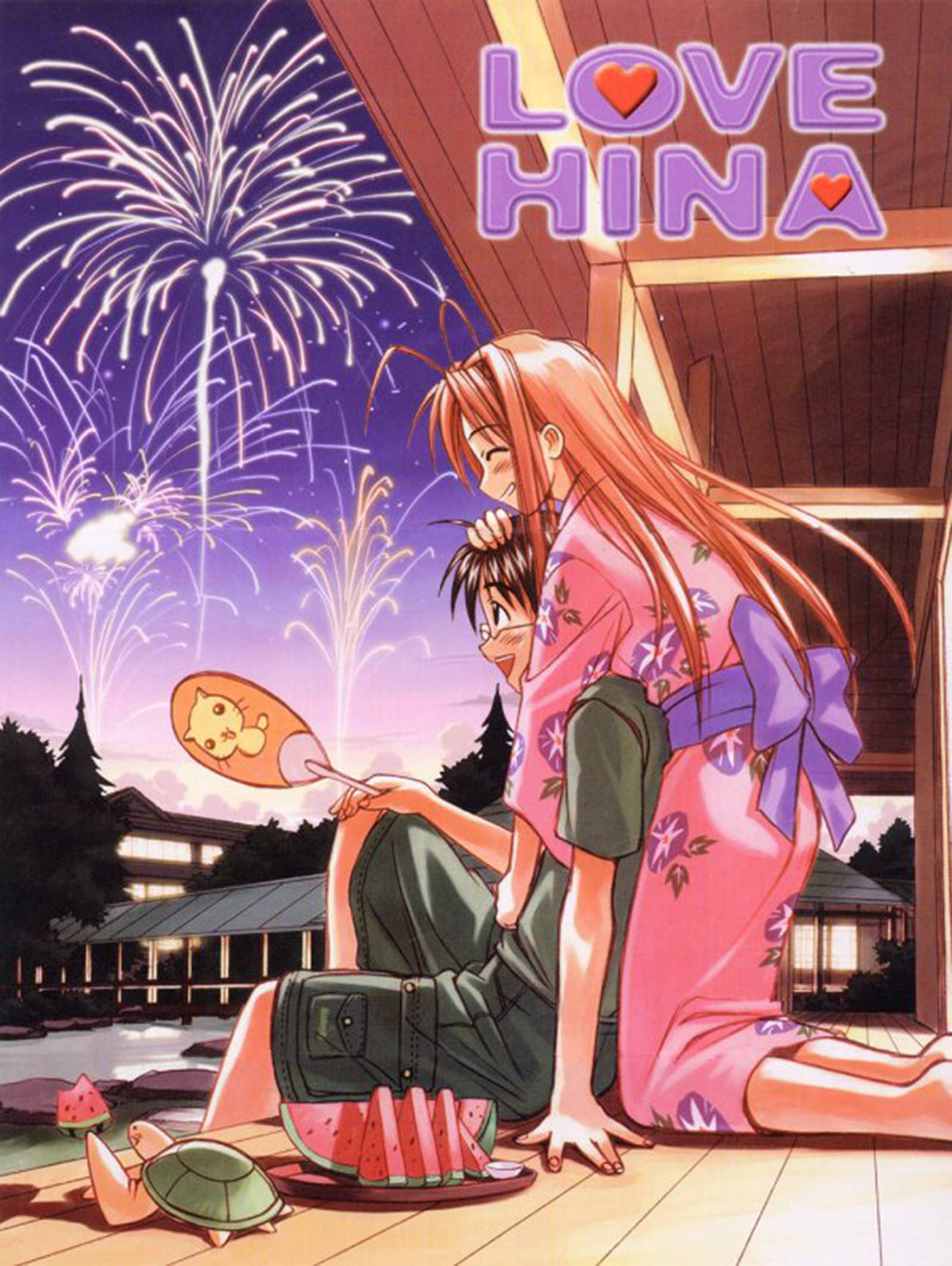 Hina 桌布 壁紙 — 兩個動漫角色穿著和服，在木製門廊上共享歡樂時刻，背景是 vibrant 的煙花。