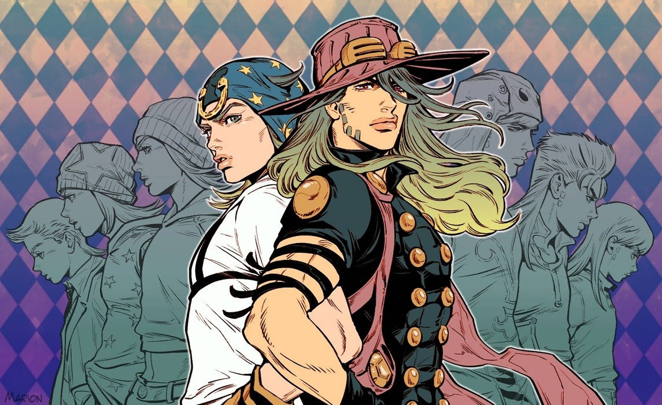 Gyro Zeppeli 桌布 壁紙 — 兩個動漫角色穿著大膽服裝，自信地站在格紋背景前，身後有褪色的剪影。