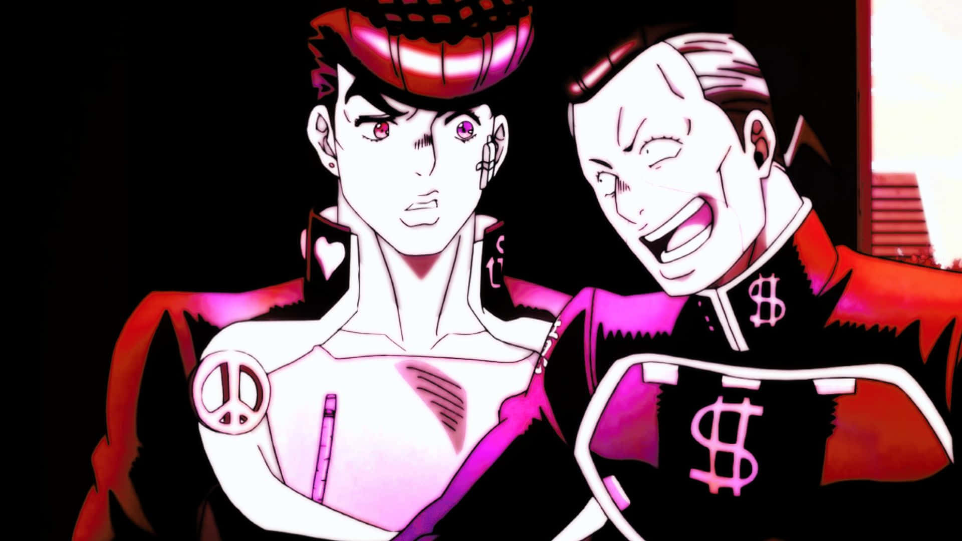 Okuyasu Nijimura 桌布 壁紙 — 兩個動漫角色穿著大膽的紅色和粉紅色服裝，帶有和平標誌和美元符號，站在深色背景前。
