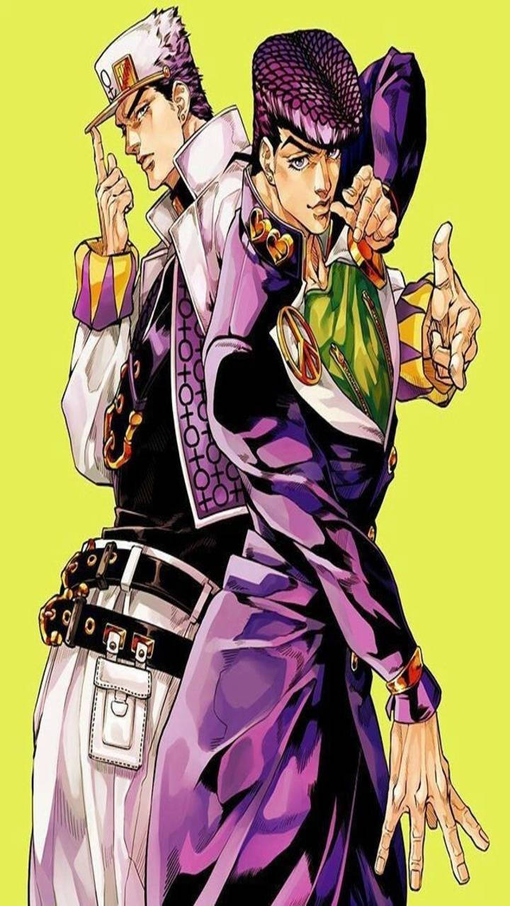 Jotaro 桌布 壁紙 — 兩個動漫角色穿著大膽的紫色和白色服裝，在明亮的黃色背景前自信地擺姿勢。