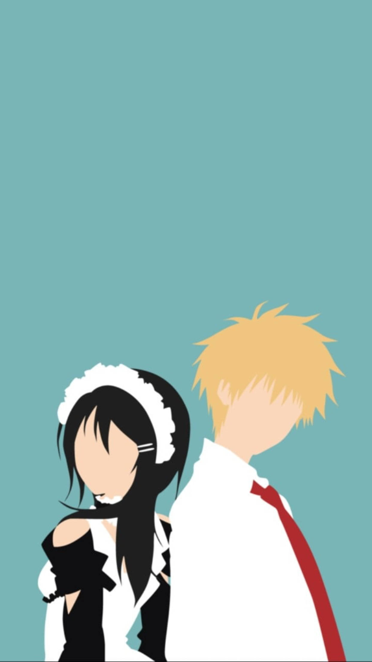Kaichou Wa Maid Sama 桌布 壁紙 — 兩個動漫角色穿著女僕和校服，背對背站在純青色背景前。