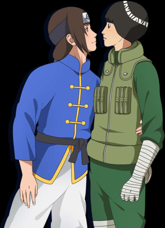 Neji Hyuga 桌布 壁紙 — 兩個動漫角色穿著忍者服裝，在黑色背景前親密地面對面。