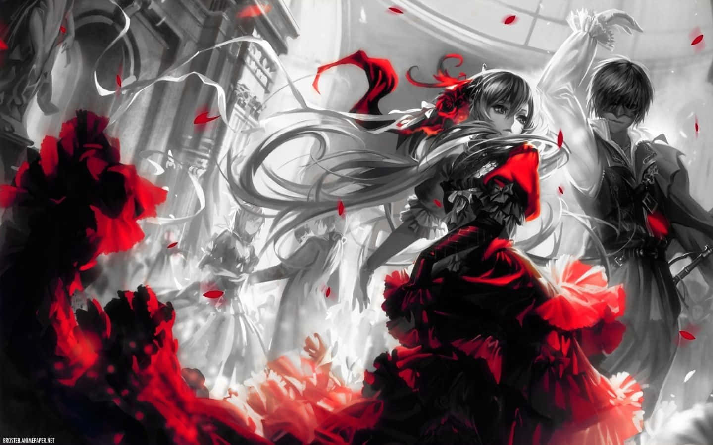 Red And Black Anime 桌布 壁紙 — 兩個動漫角色穿著戲劇性的紅色和黑色服裝，在單色城市環境中，周圍環繞著旋轉的花瓣和煙霧。