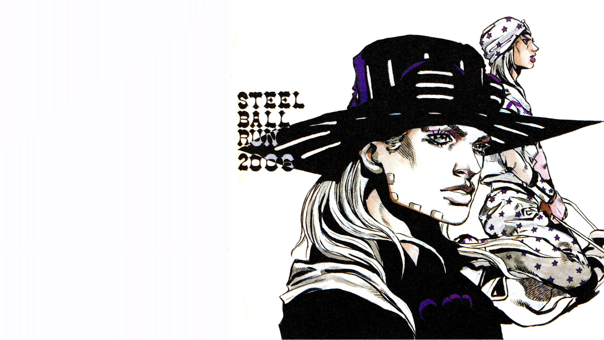 Johnny Joestar 桌布 壁紙 — 兩個動漫角色穿著星形圖案的衣服和寬邊帽，站在純白色背景前，配有粗體文字。