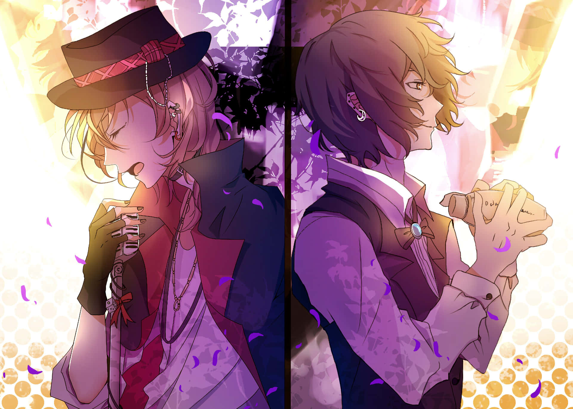 bungou stray dogs 桌布 壁紙 — 兩個動漫角色穿著時尚服裝，在紫色和金色的鮮豔背景下手持發光物體，花瓣飄落。