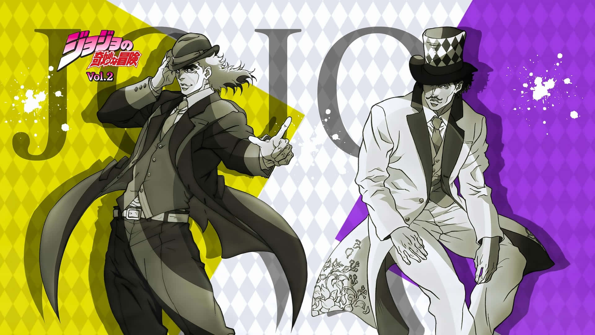 Jjba 桌布 壁紙 — 兩個動漫角色穿著時尚西裝，在充滿活力的黃色和紫色鑽石圖案背景前自信地擺姿勢。